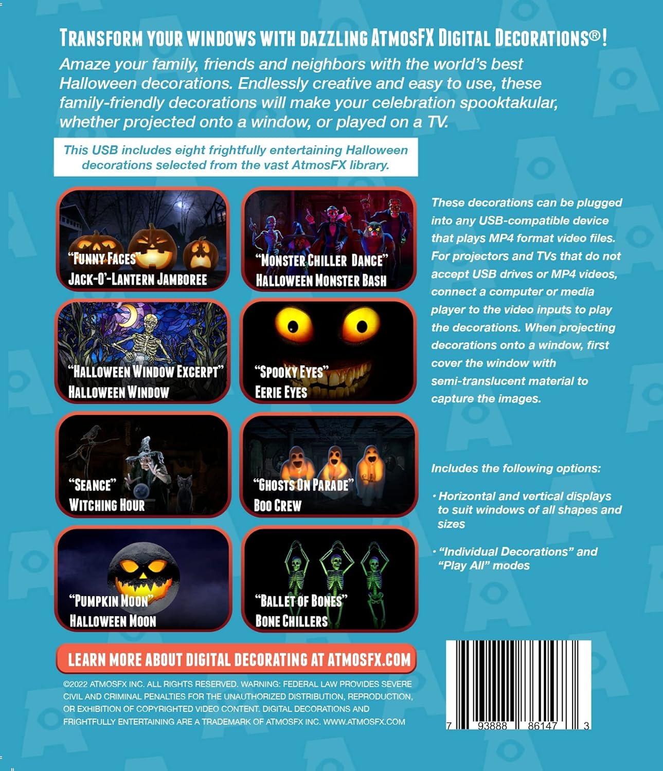 Halloween Digital Decoration Kit Includes 8 AtmosFX Video Effects for Halloween Plus HD Super Bright Projector and 48” x 72” Holographic Projection Screen