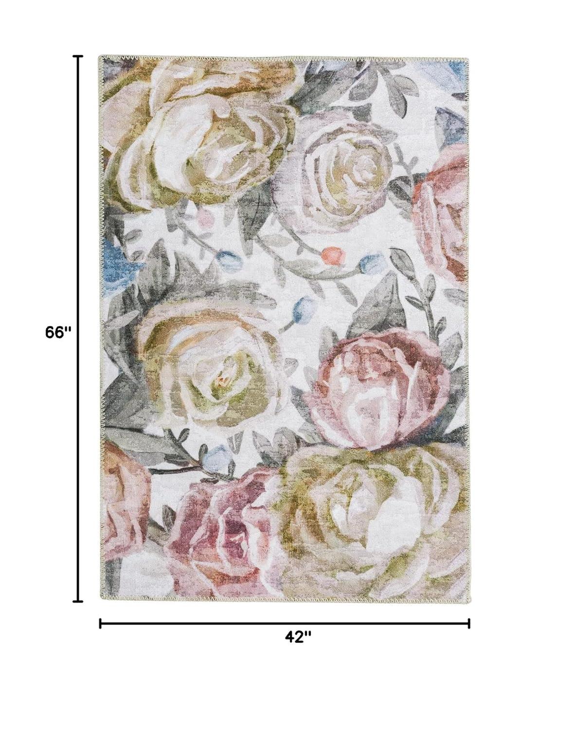 Jasmine Modern Flower Design Machine Washable Area Rug Pink/Yellow/Ivory Multi