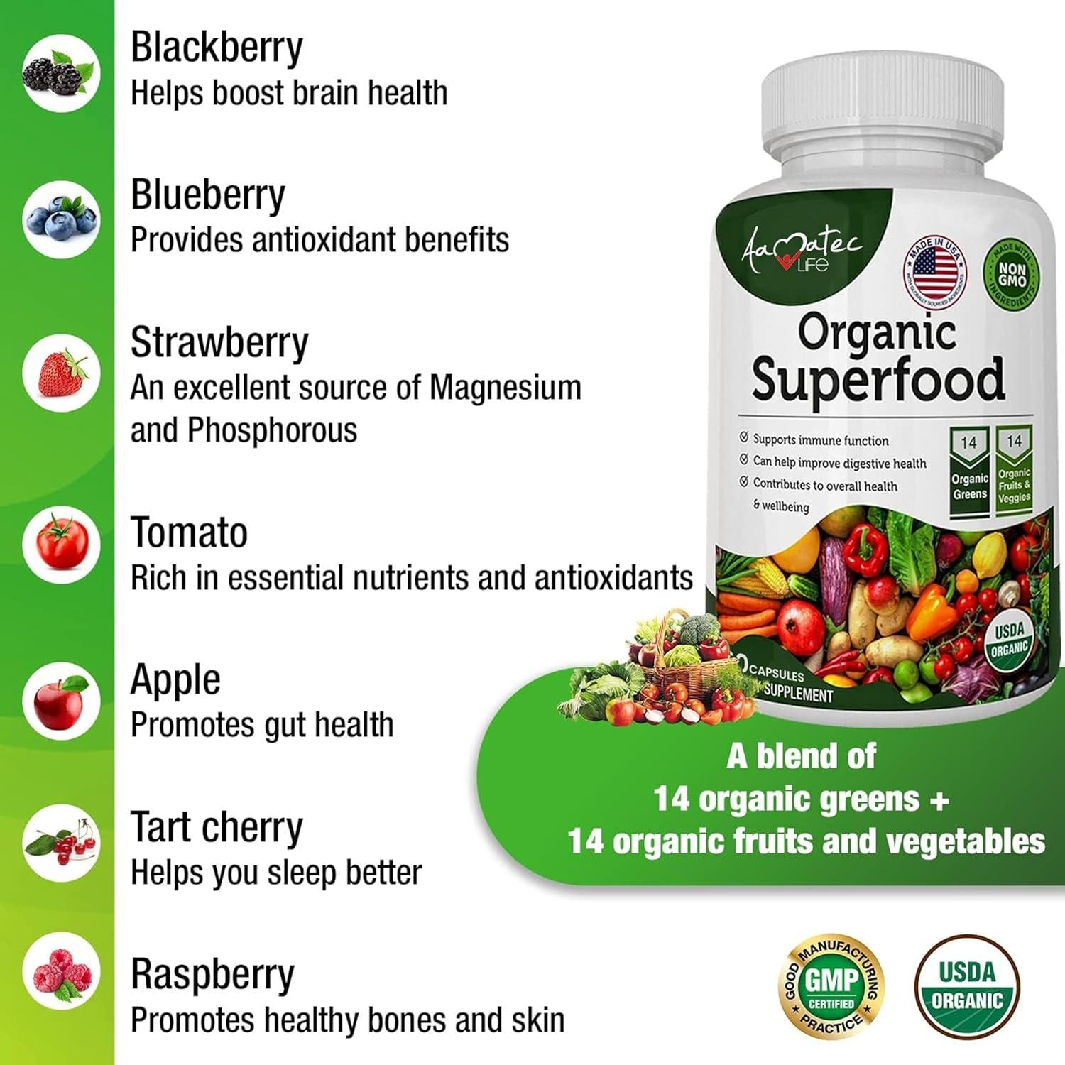 Organic Superfood Greens Fruits and Veggies Complex - Dietary Supplement with 14 Greens and 14 Fruits & Vegetables with Alfalfa Rich in Antioxidant Organic Ingredients Non-GMO 60 Capsules