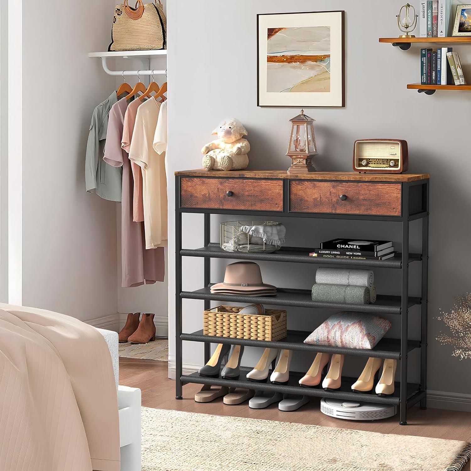 Rustic Brown 5-Tier Shoe Rack with Fabric Shelves and Wooden Top