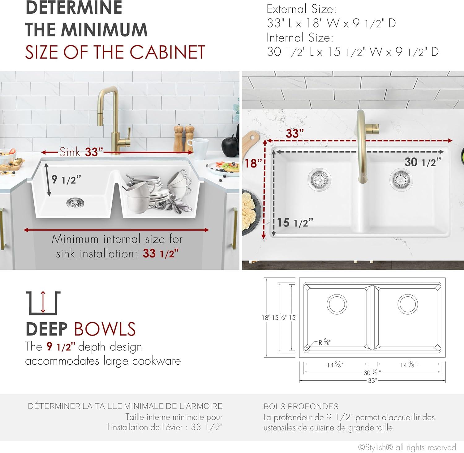 Stylish Pietra Dual-Mount 33" Composite Granite Double Bowl Kitchen Sink