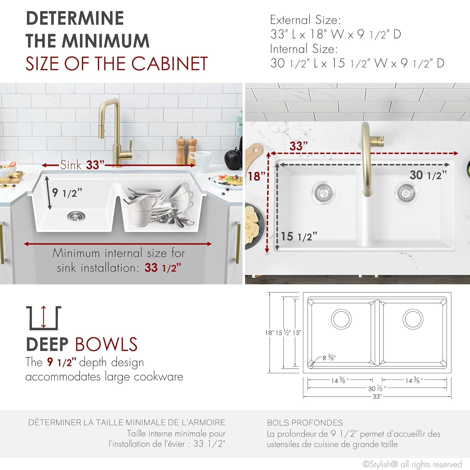 Stylish Pietra Dual-Mount 33" Composite Granite Double Bowl Kitchen Sink