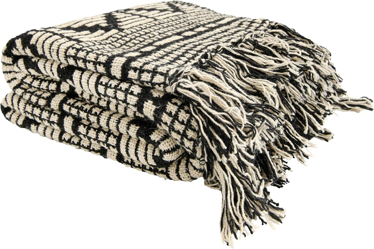 Bloomingville Black & Beige Woven Cotton Blend Blanket with Fringe Throw, Black