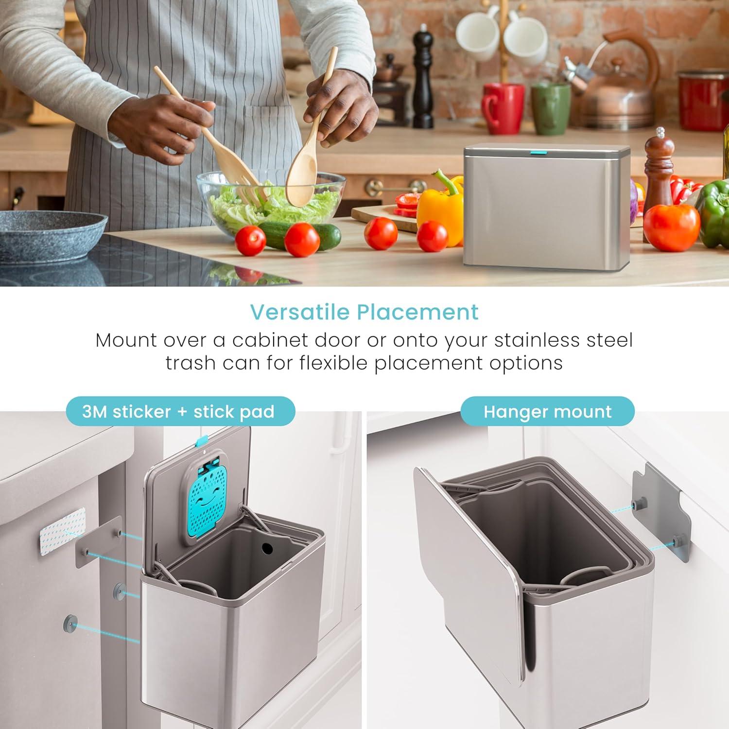 Home Zone Living Home Zone Living 5 Liter Kitchen Compost Caddy, Detachable And Countertop Bin Trash Can, With Cleanaura Odor Control, Stainless Steel, Silver