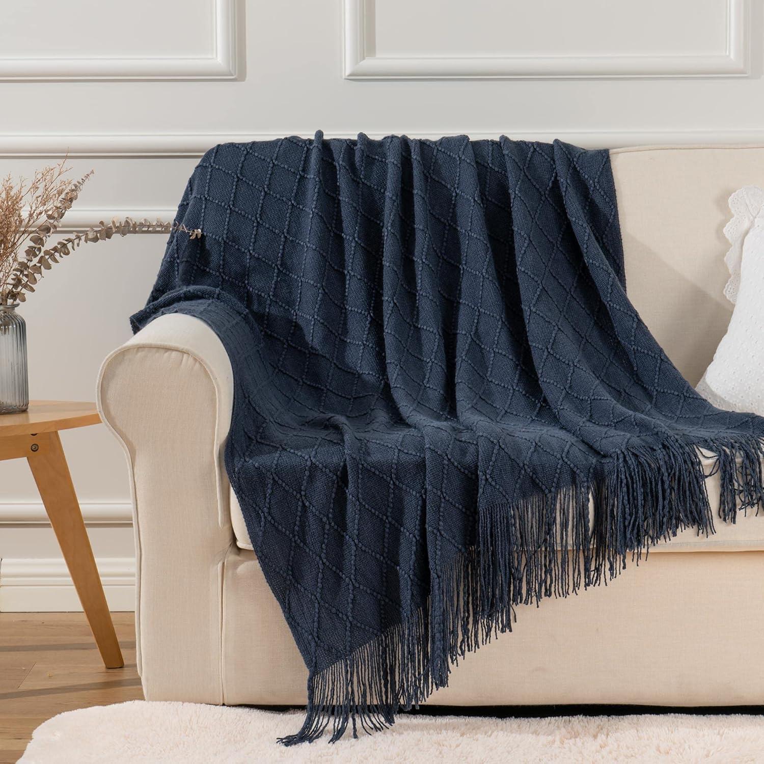 Battilo Navy Throw Blanket,Soft Lightweight Textured Decorative Blanket with Tassel, Housewarming Gifts,50"x60"