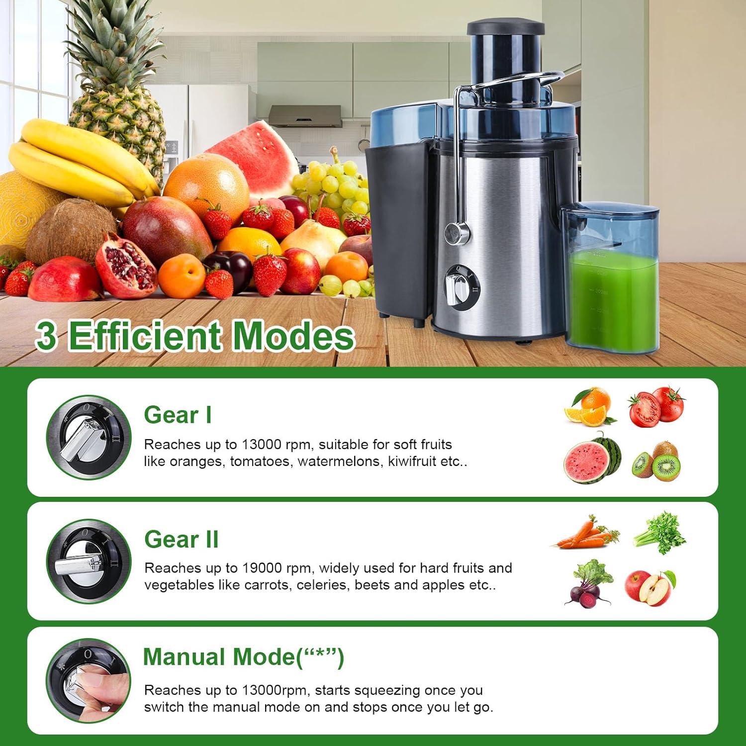 Moclever Juicer Machine, 1000W Centrifugal Juicer Extractor with 2 Speeds 3.6in Wide Feed Chute 17Oz Juicer Cup 54Oz Pulp Collector, Easy to Clean, Stainless Steel Electric Juicer