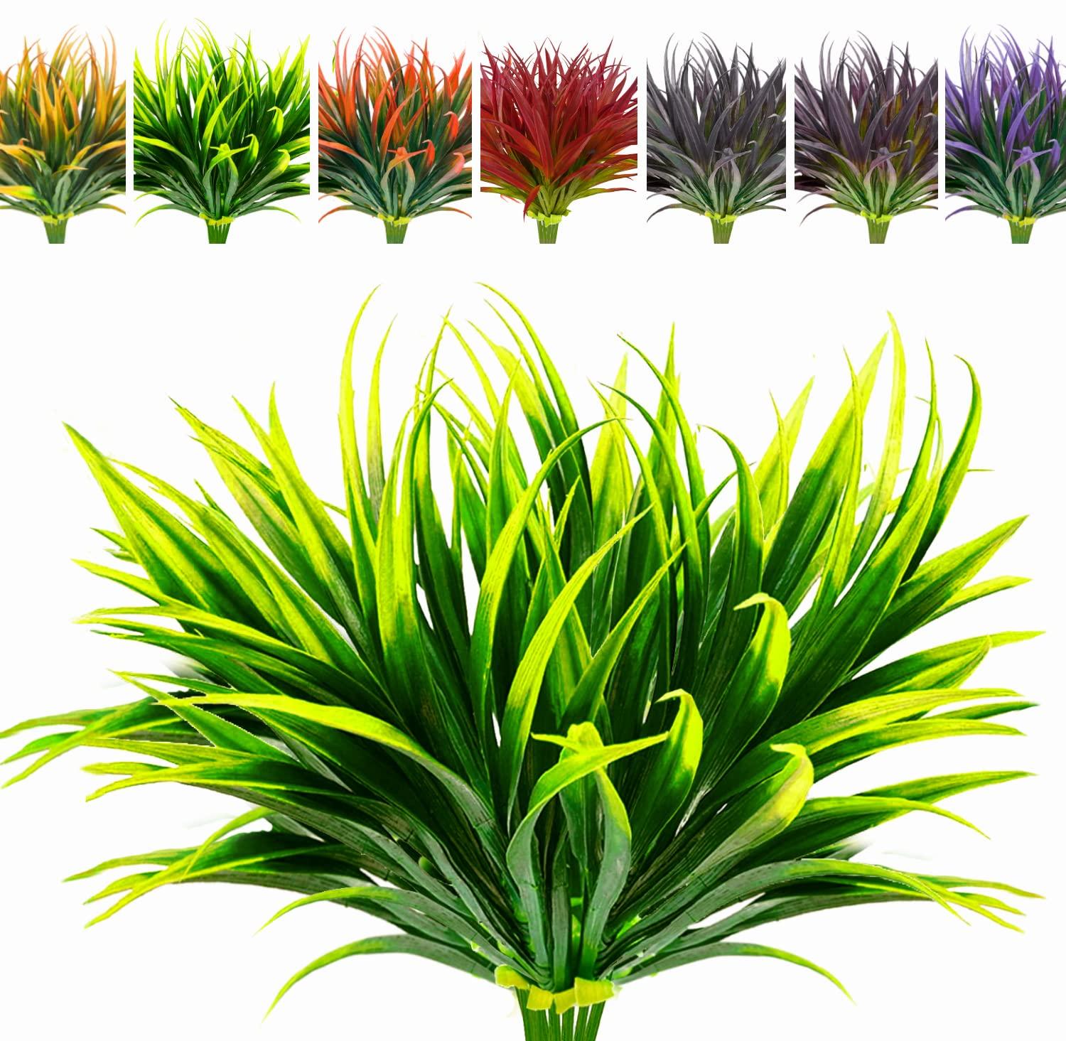 Nvzi 8 Pcs Outdoor Fake Plants UV Resistant Artificial Tall Grass Plants Faux Tropical Flowers Bushes Décor Green