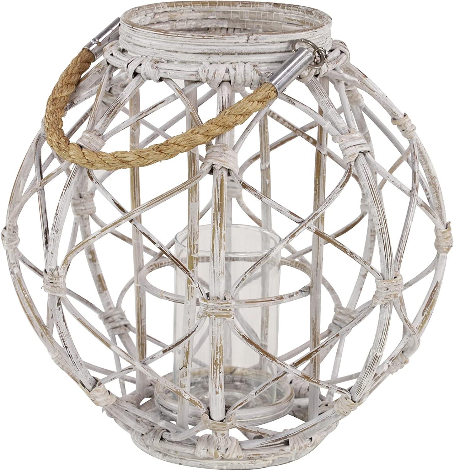 Decmode Large Round Woven Rattan White Lantern with Burlap Jute Rope Handle and Glass Insert, 15” x 15”