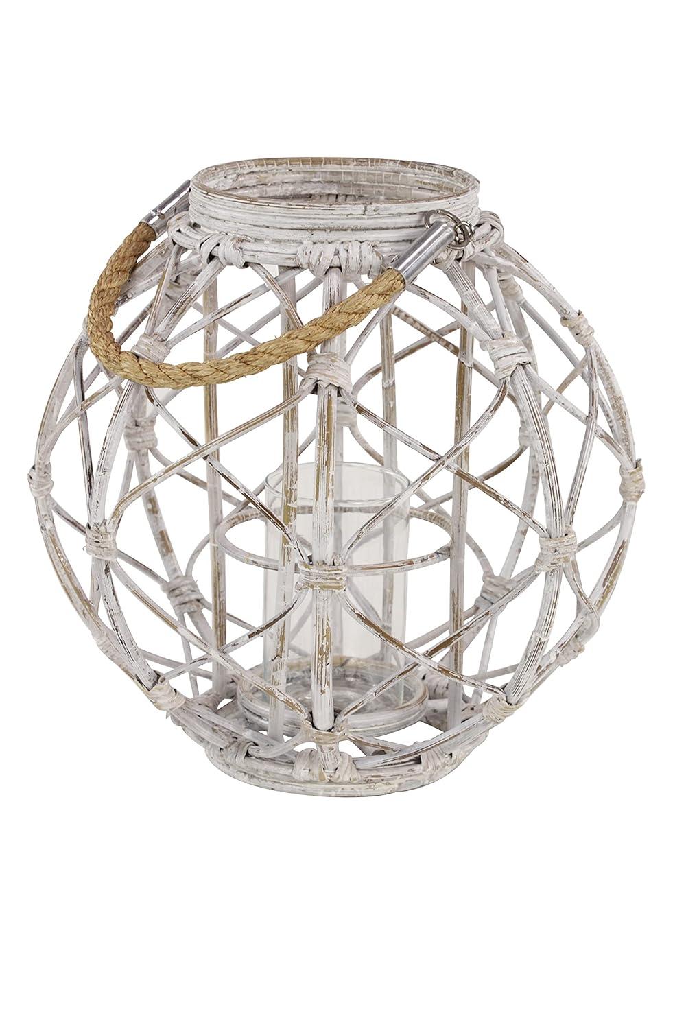 Decmode Large Round Woven Rattan White Lantern with Burlap Jute Rope Handle and Glass Insert, 15” x 15”