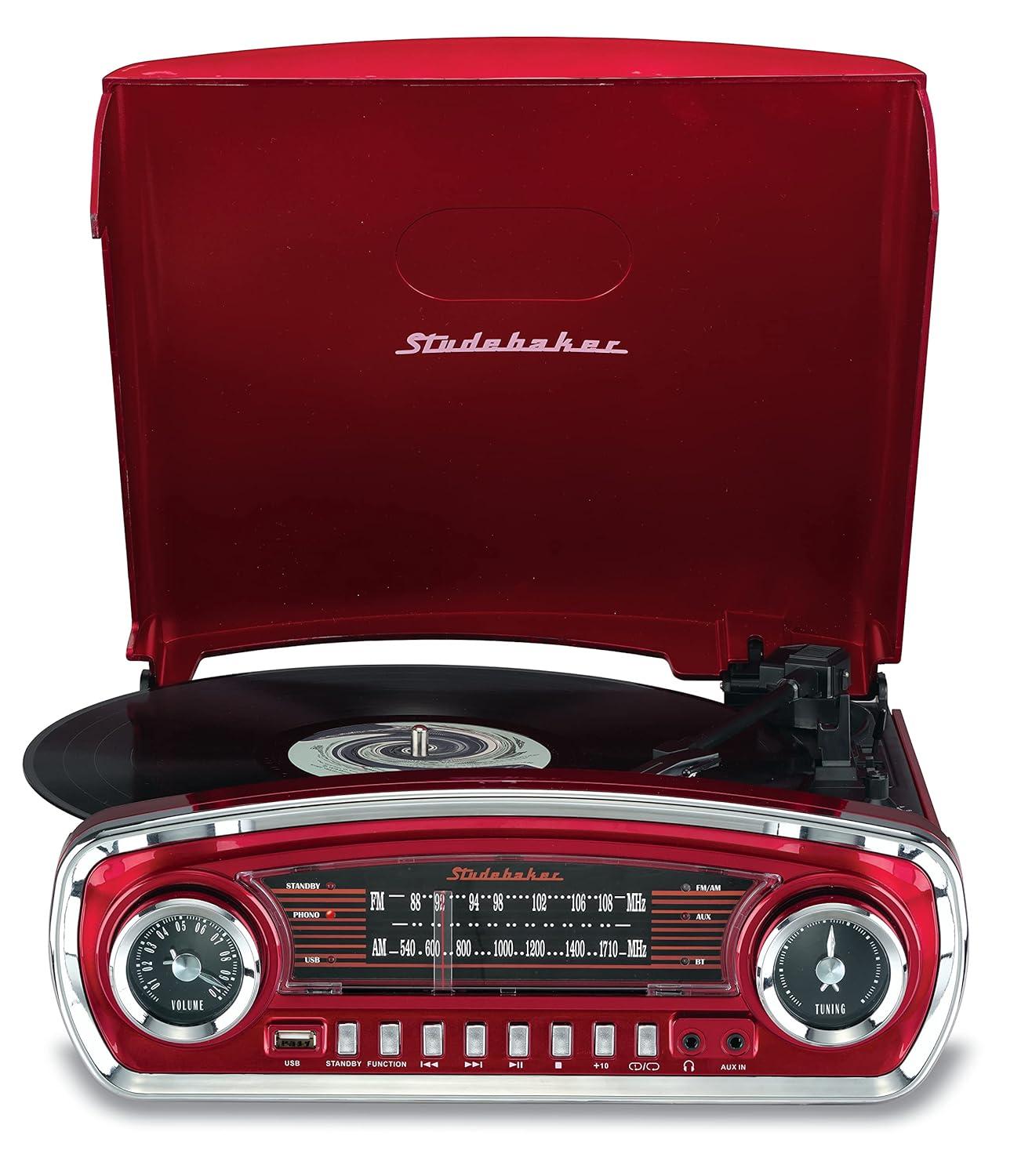 Studebaker 3-Speed Pitch Control Turntable with Bluetooth Receiver and Radio - Red (SB6057R)