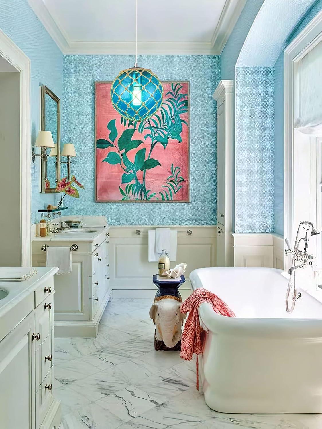 Blue Pendant Light Coastal Pendant Light Nautical Pendant Lighting Beach House Lighting Fixtures Ocean Lighting Fixture Coastal Hanging Light Fixtures Fish Float Glass Ball Lighting(Bulb Incl.