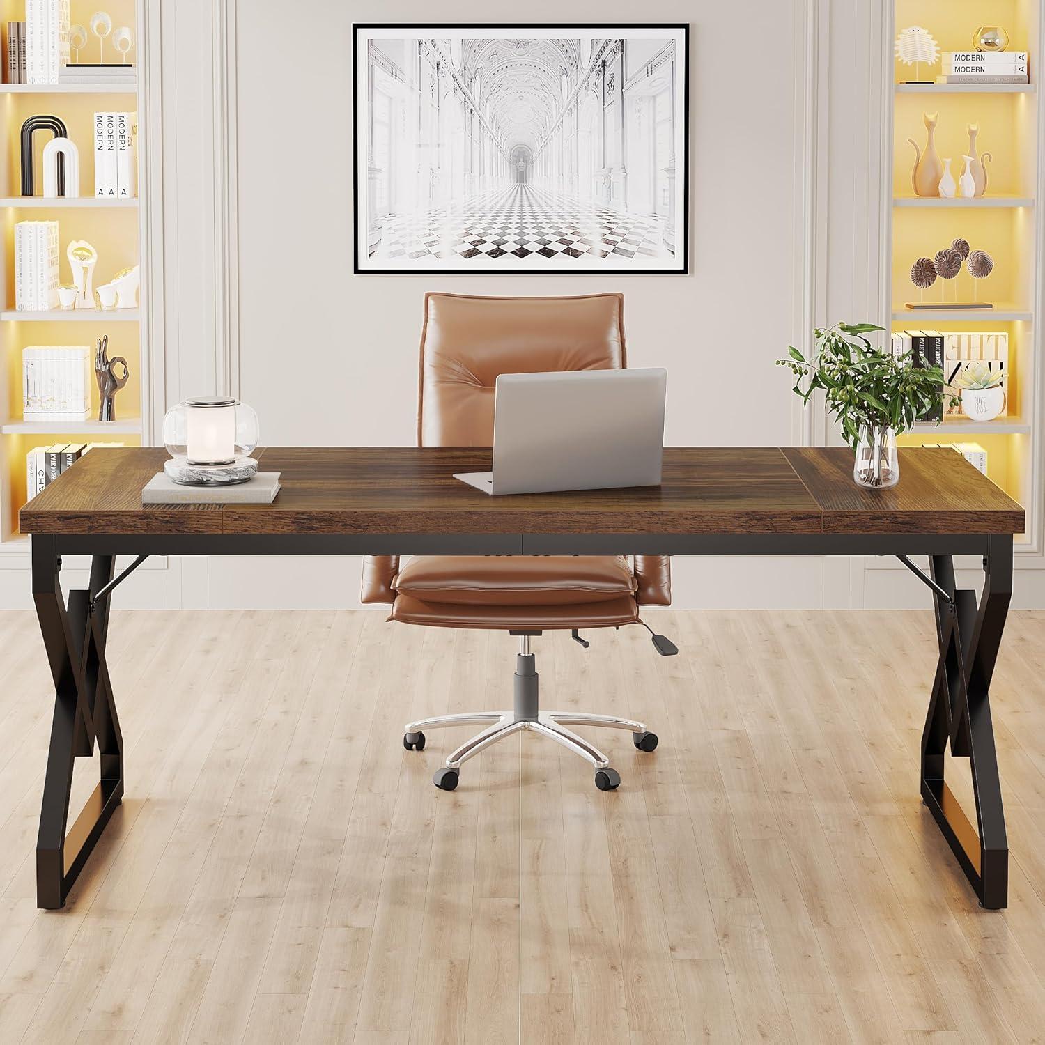 Rustic Brown 63-Inch Executive Desk with Metal Frame