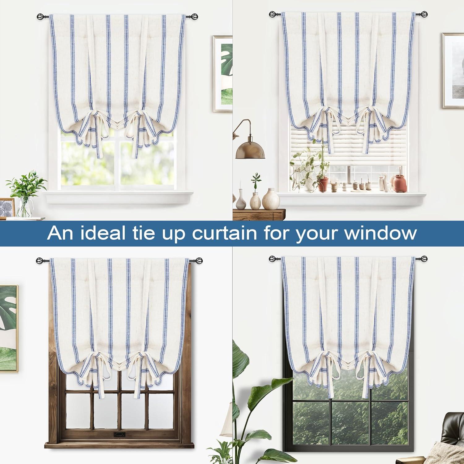 DriftAway Farmhouse Double Layer Linen Blackout Tie Up Curtains Thermal Insulated Vertical Striped Fully Lined Balloon Roman Shade Bathroom Window Adjustable Rod Pocket 25 Inch by 47 Inch Navy