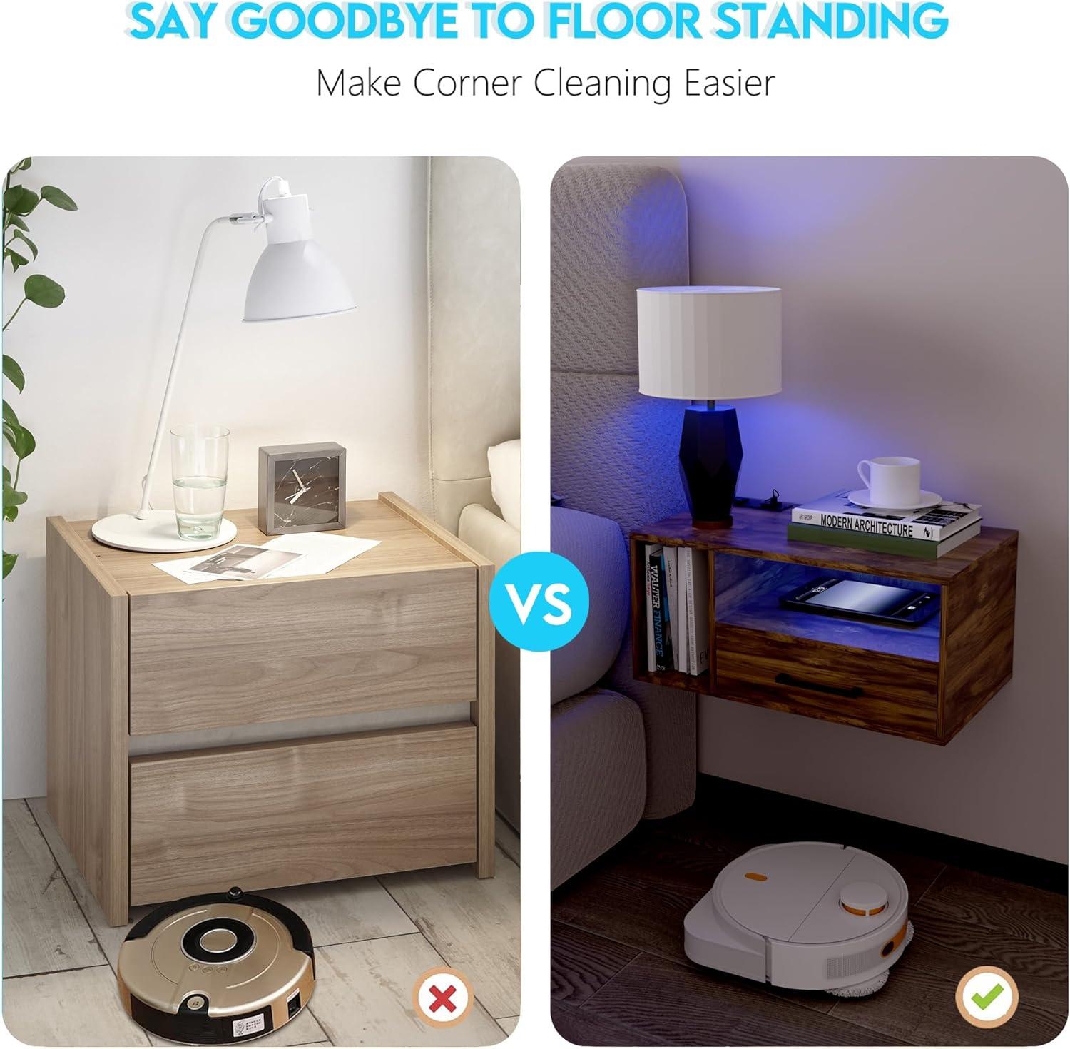 Floating Nightstand with Charging Station and LED Light Strips, 21.3" Night Stand with Drawers, Floating Bedside with USB Ports and Outlets, Bedroom Furniture