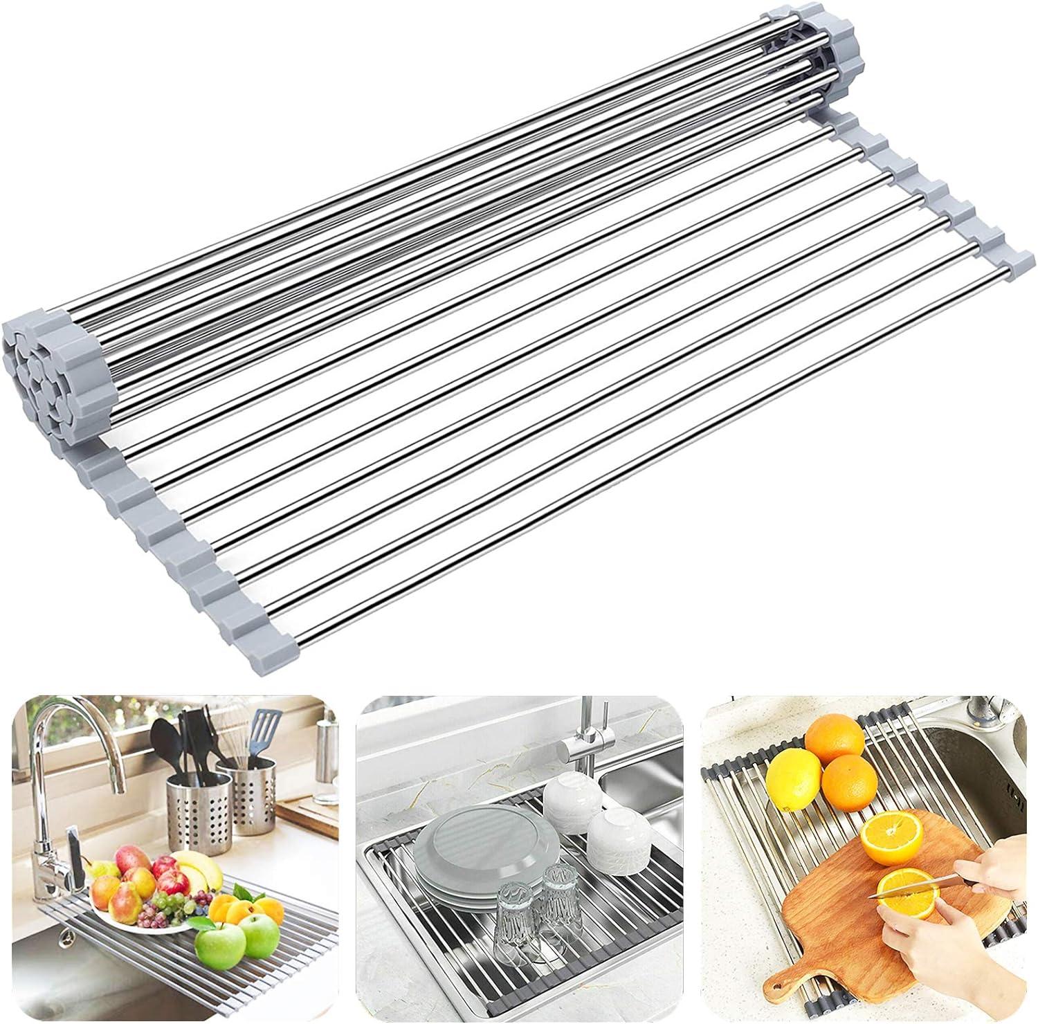 Over The Sink Dish Drying Rack, Searik Roll up Sink Dish Drainer Rack Multipurpose Foldable Kitchen Stainless Steel Dish Rack Sink Drying Rack (17.7” x 11.8”)