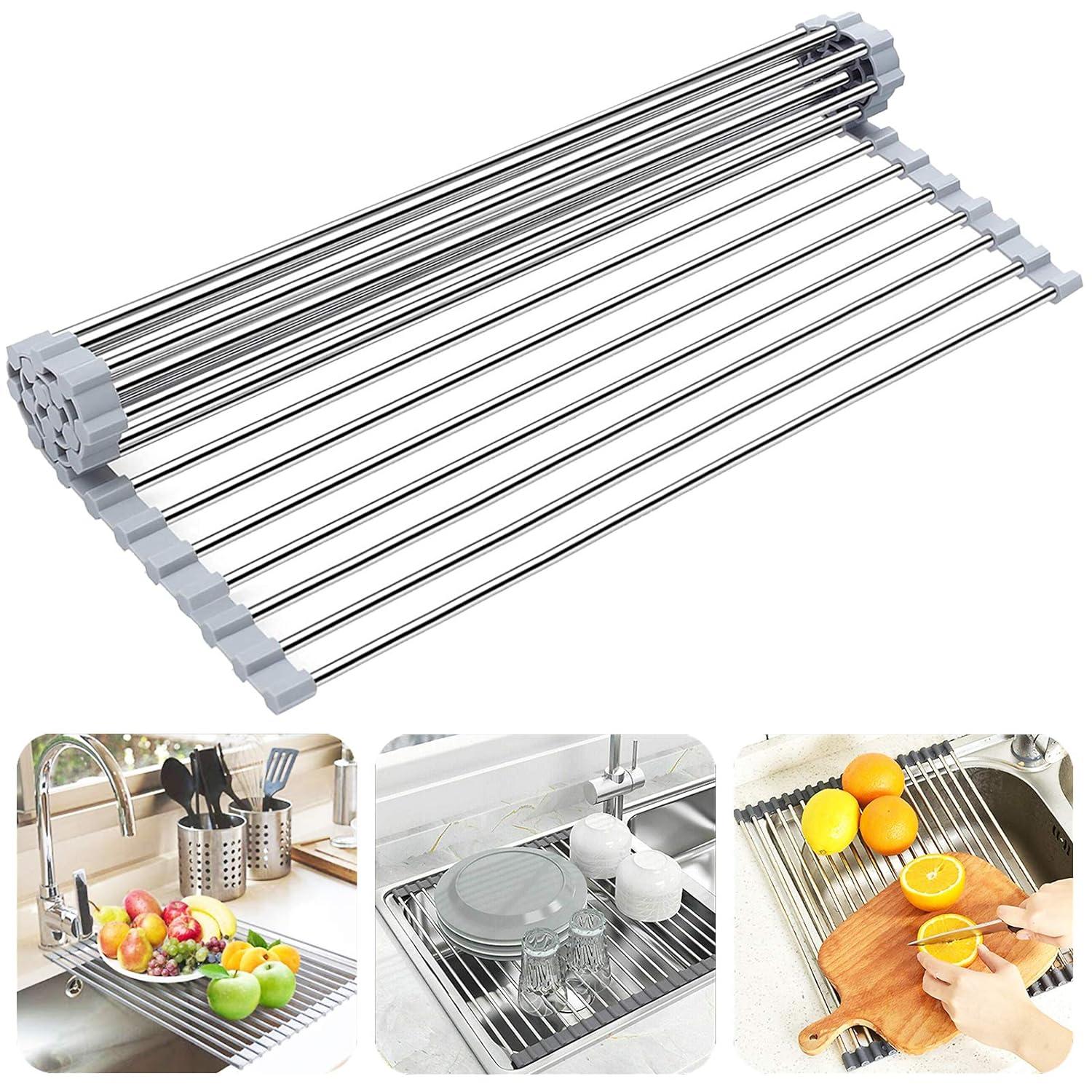 Over The Sink Dish Drying Rack, Searik Roll up Sink Dish Drainer Rack Multipurpose Foldable Kitchen Stainless Steel Dish Rack Sink Drying Rack (17.7” x 11.8”)