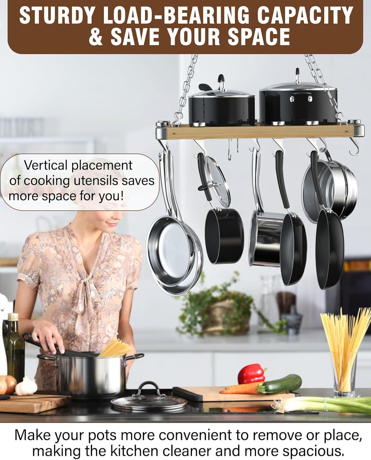 Cooks Standard Ceiling Mounted Wooden Pot Rack with Metal Grate, Movable Tracks Type Hanging Pot Rack with Solid Cast Aluminum Swivel and Fixed Hooks Suitable for Heavy Duty Cookware, 24x18-Inch