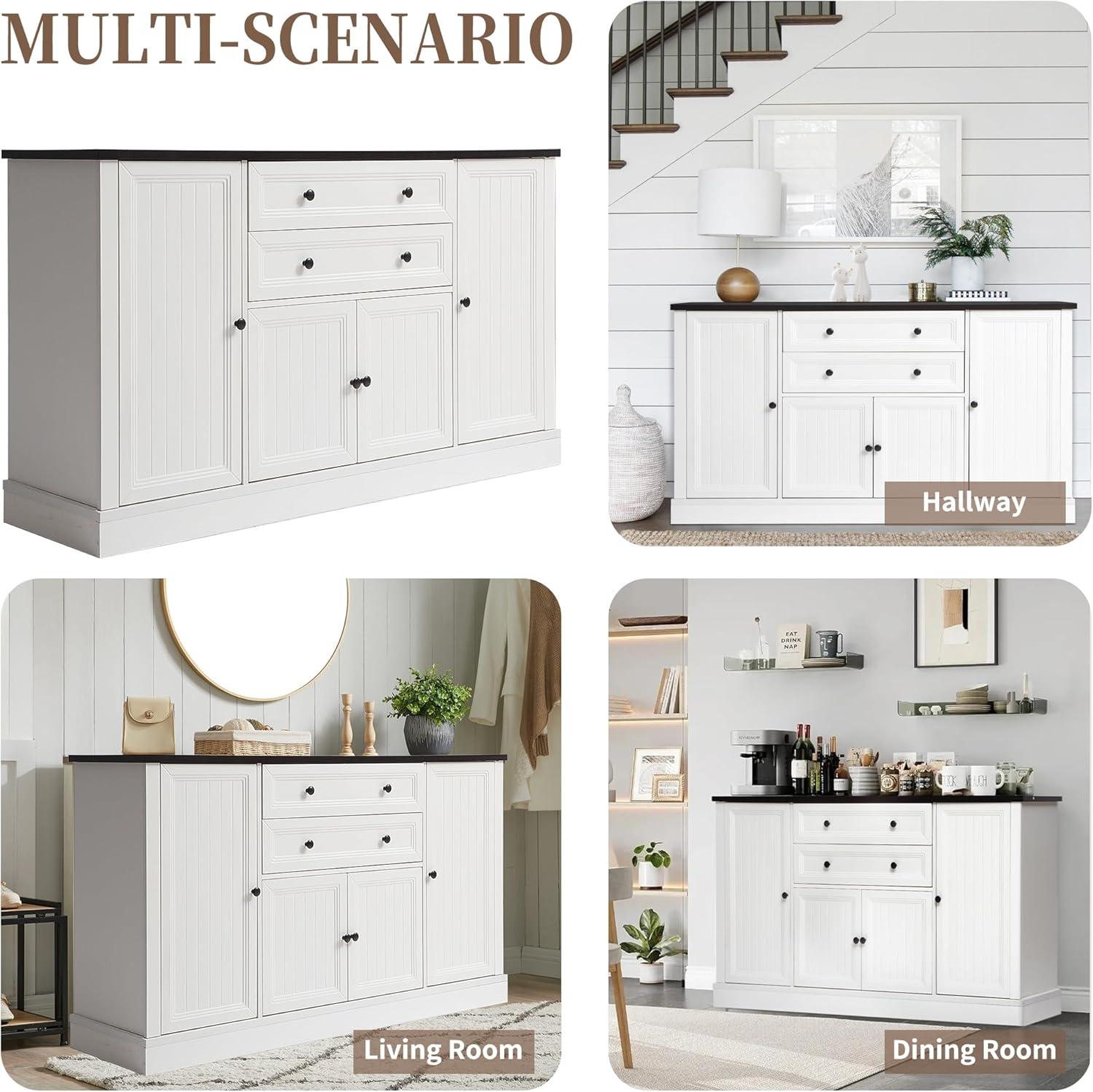 Magic Union 58" Farmhouse Sideboard Buffet Cabinet, Coffee Bar Cabinet with 2 Large Drawers & 4 Grooved Barn Doors, Wood Storage Cabinets for Dinning Room, Kitchen, Living Room, White