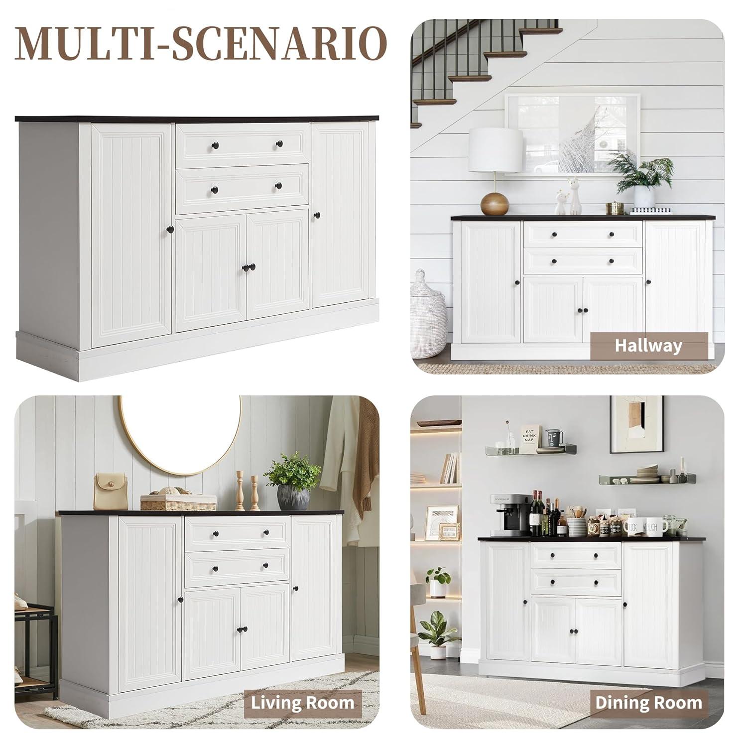 Magic Union 58" Farmhouse Sideboard Buffet Cabinet, Coffee Bar Cabinet with 2 Large Drawers & 4 Grooved Barn Doors, Wood Storage Cabinets for Dinning Room, Kitchen, Living Room, White