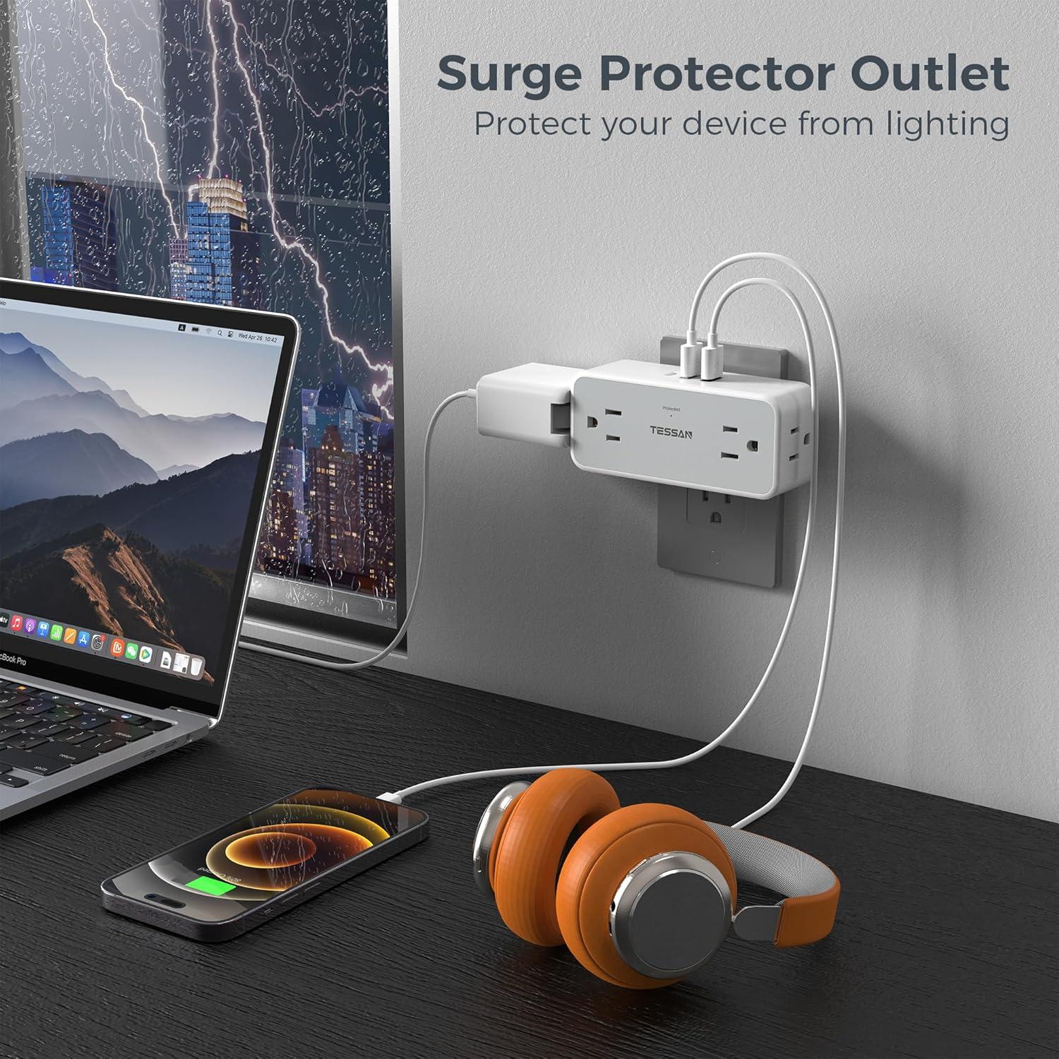 Compact White Multi Plug Wall Outlet Extender with USB Ports