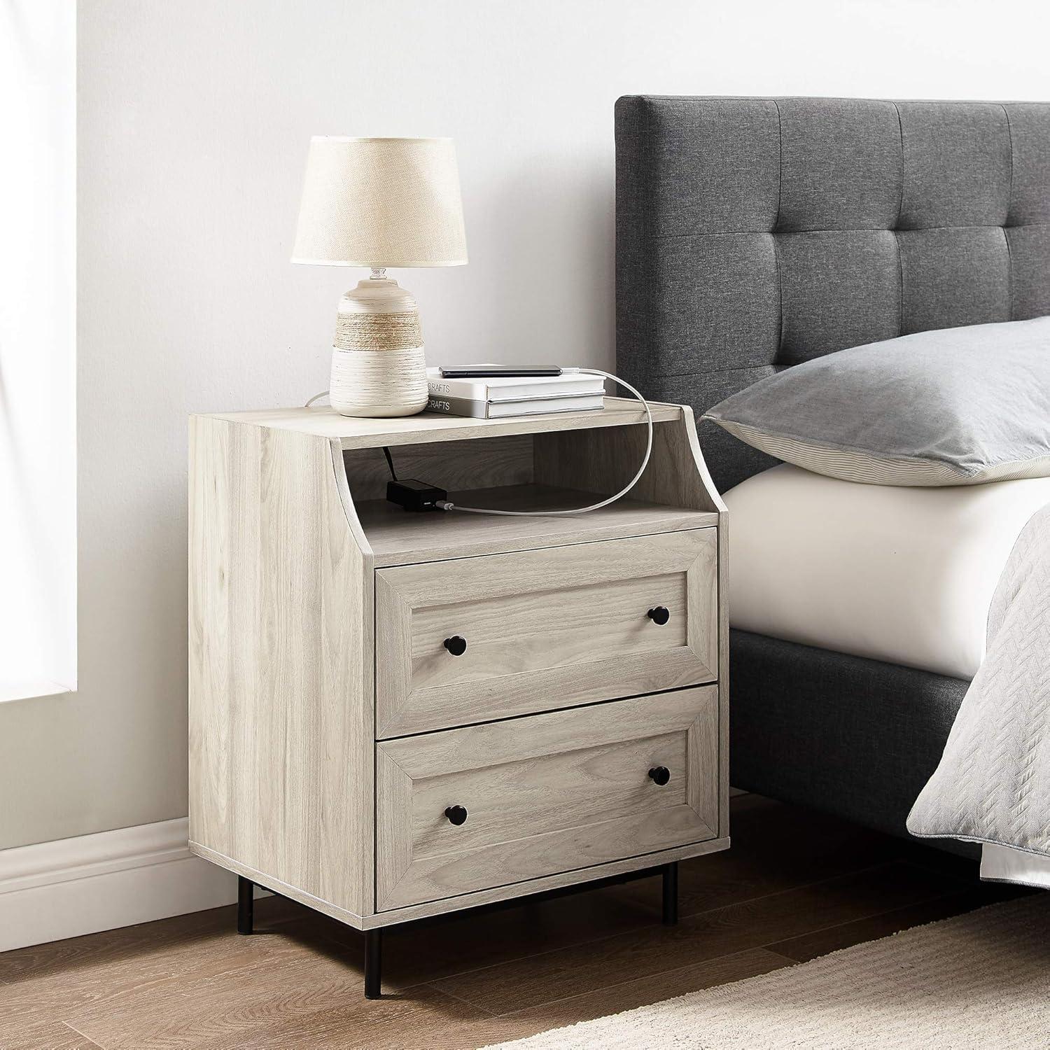 Walker Edison Modern 2 Drawer Nightstand with USB Port, Birch
