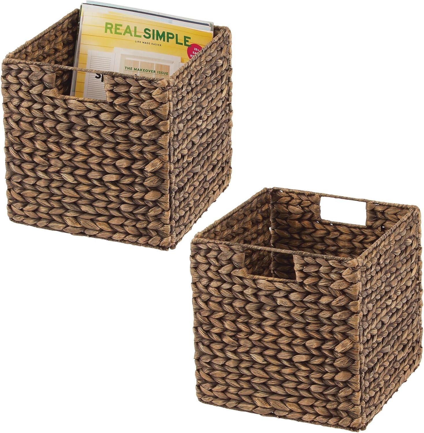 mDesign Hyacinth Woven Cube Bin Basket Organizer, Handles, 2 Pack, Brown Wash