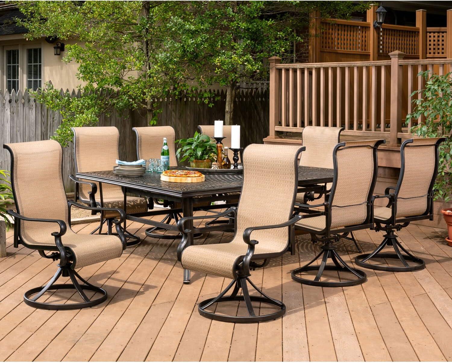 Hanover Brigantine 9-Piece Dining Set with an XL Cast-Top Dining Table and 8 Sling-back Swivel Rockers, BRIGDN9PCSW8