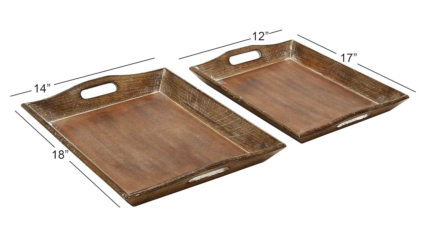 Olivia & May Set of 2 Traditional Whitewashed Natural Mango Wood Serving Trays Brown: Ottoman Style, with Handles