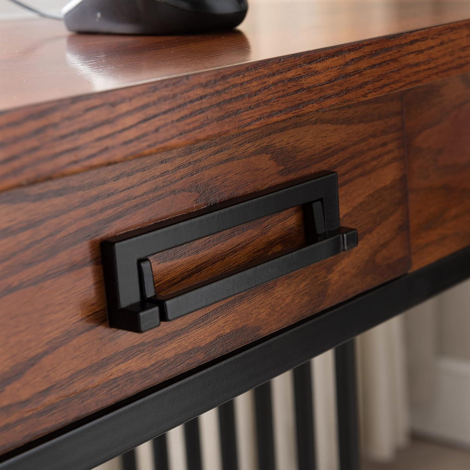 Leick Home 11204 Ironcraft Two Drawer Rustic Coffee Table with Shelf, Mission Oak and Black