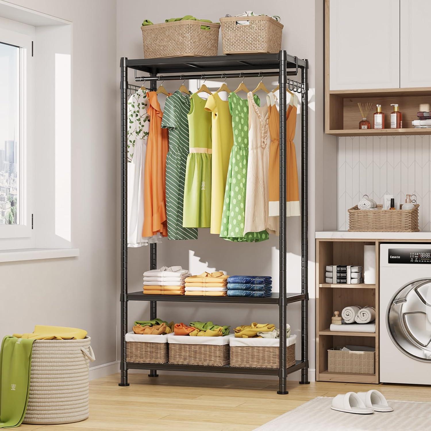 LEHOM G1L 3 Tiers Garment Rack with Storage Shelves, Heavy Duty Rolling Free-Standing Clothing Rack Closet Organizer with Double Rods/Lockable Wheels & 2 Pairs Side Hooks, Max Load 450 LBS, Black