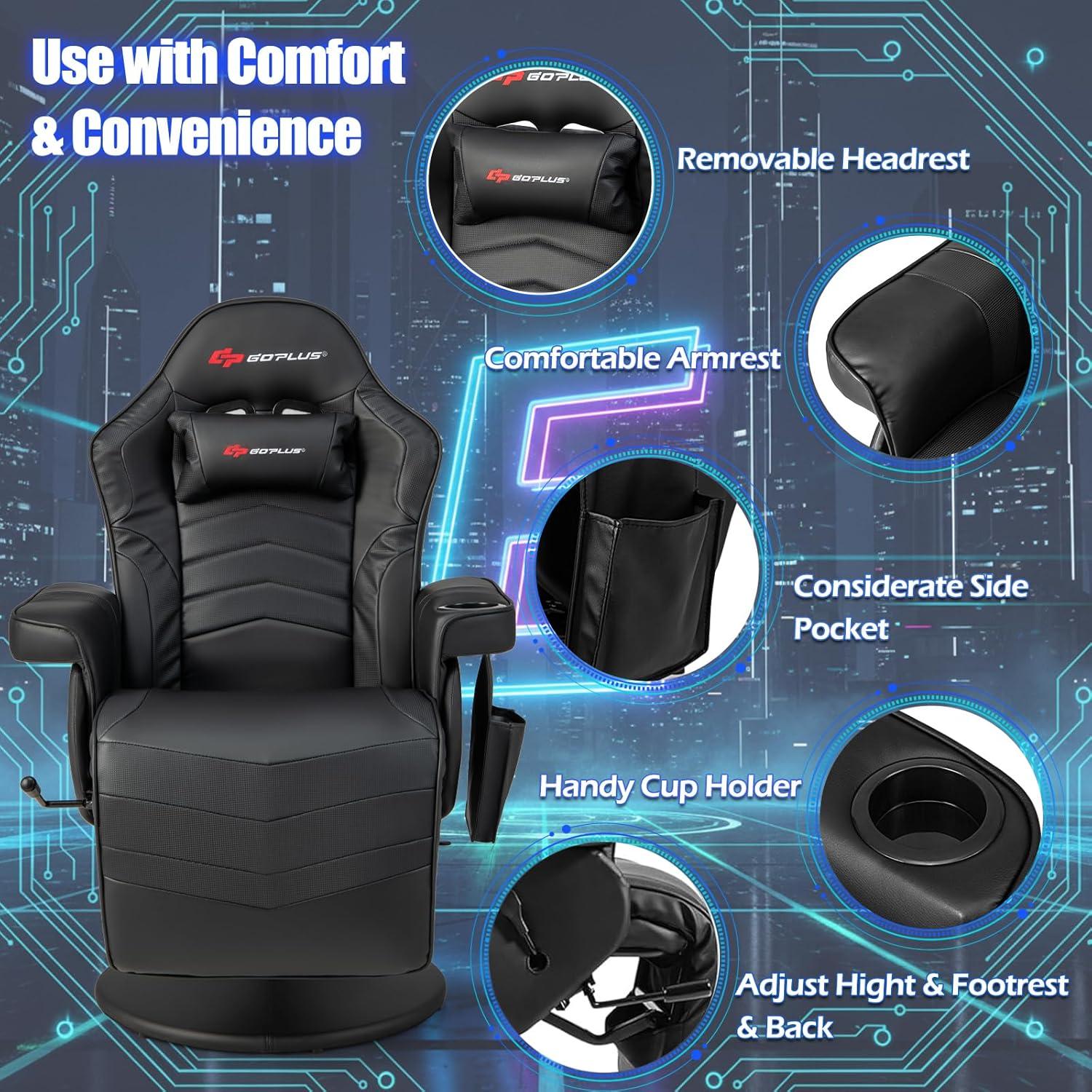 POWERSTONE Gaming Recliner Massage Gaming Chair with Footrest Ergonomic PU Leather Single Sofa with Cup Holder Headrest and Side Pouch, Adjustable Living Room Chair Seating, Black