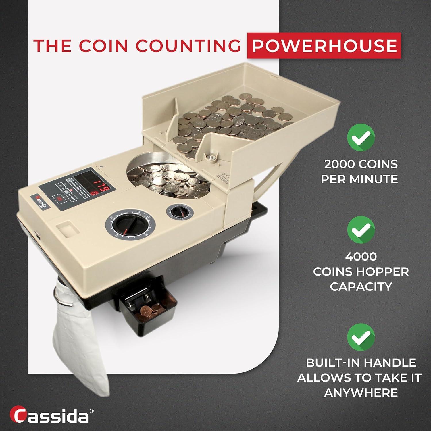 Cassida C500 Coin Counter/Sorter with a 2000 Coins Per Minute | Large Hopper Capacity with 4000 coins