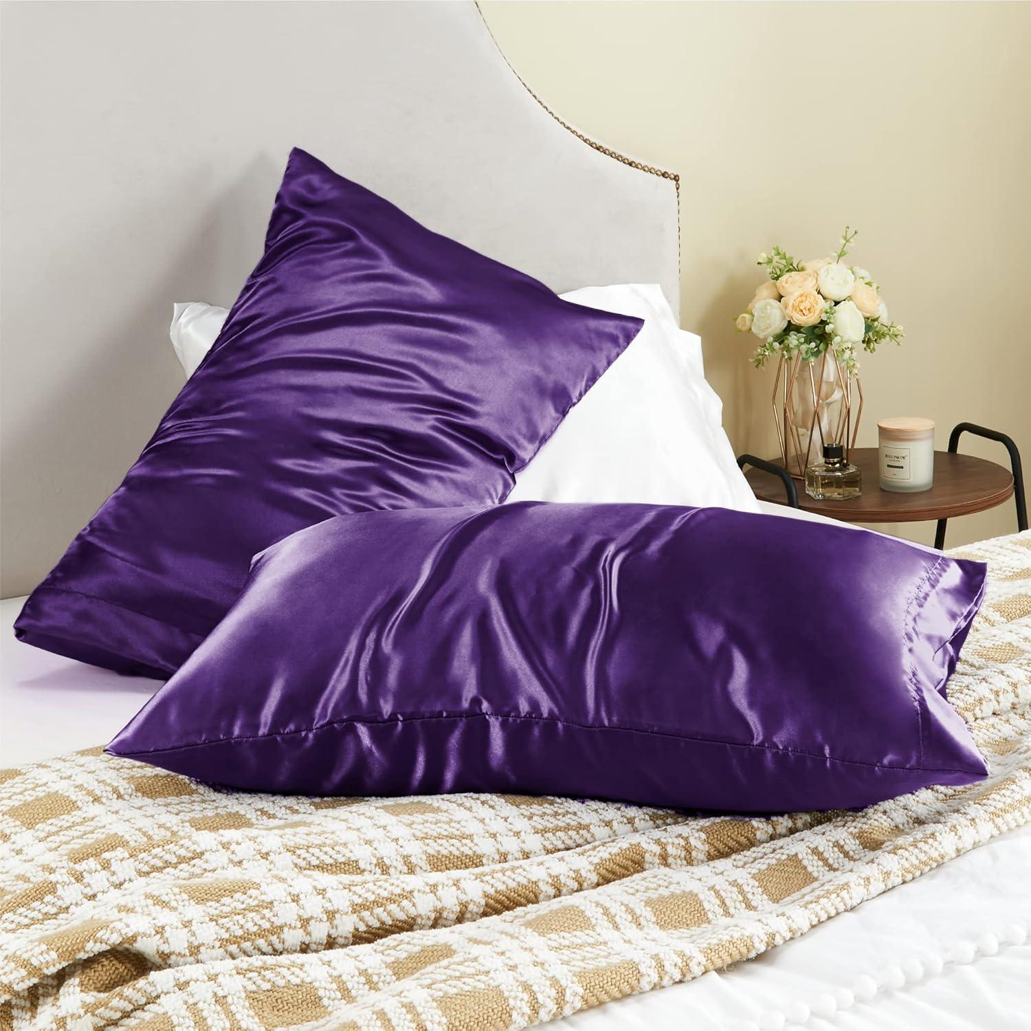 Tainini Clearance!!! Bedsure Satin Pillowcase for Hair and Skin - Silky Pillowcase 20x30 Inches - Set of 2 with Envelope Closure, Similar to Silk Pillow Cases, Gifts for Women Men(Purple）