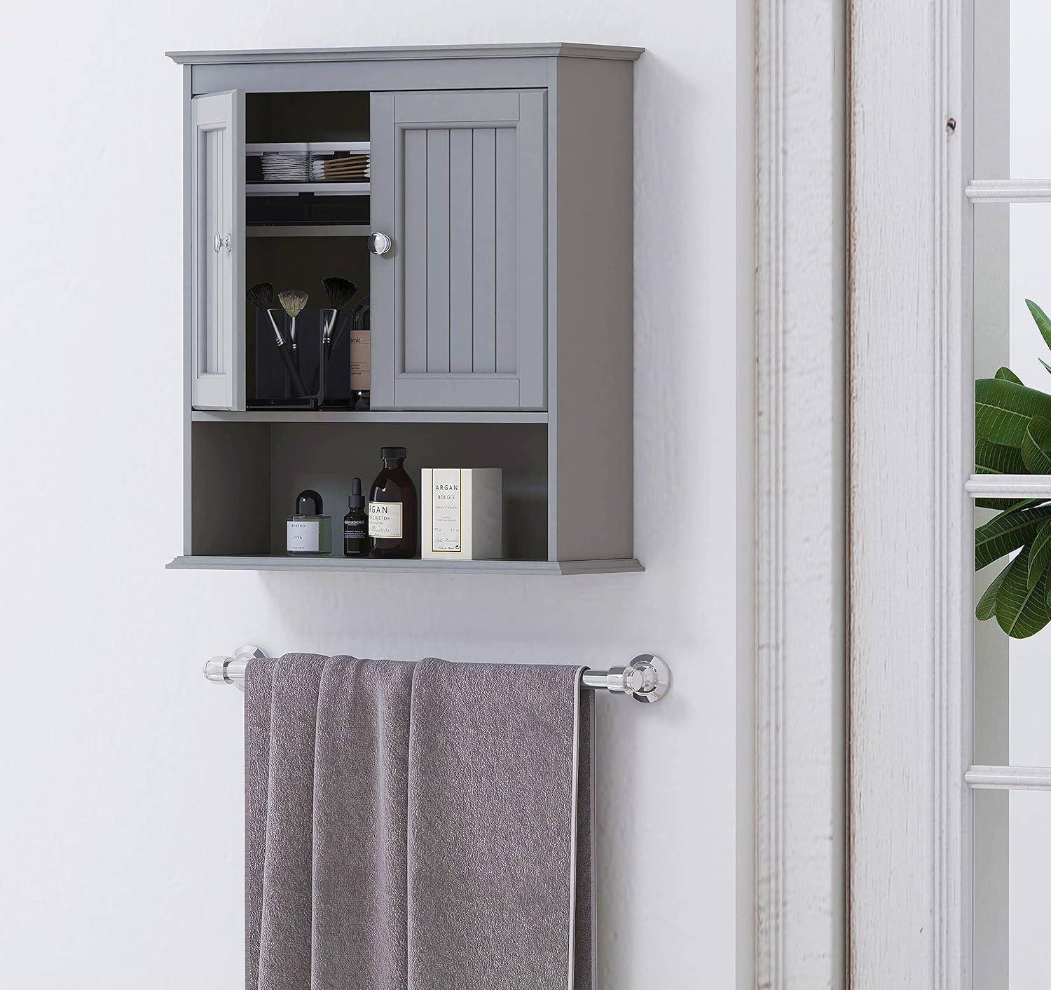 Gray Engineered Wood Wall Mounted Bathroom Cabinet with Shelves