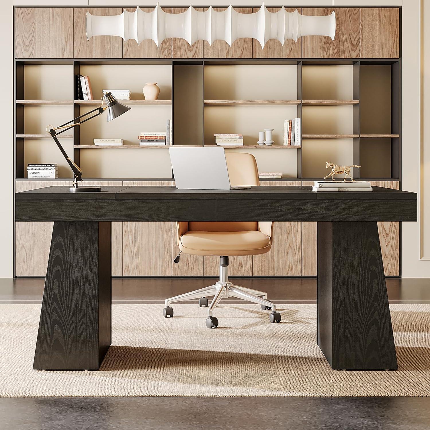 Moronia 55.1 in. Rectangle Black Wood Executive Desk with Double Trapezoid Base, Computer Desk Business Workstation Desk