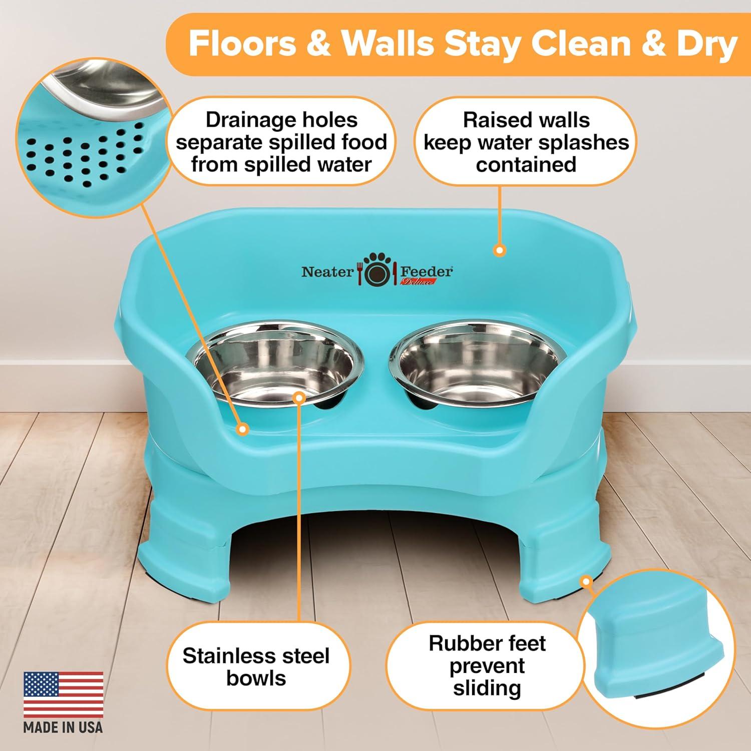 Neater Pets Neater Feeder Deluxe With Leg Extensions Mess-Proof Elevated Food & Water Bowls for Small Dogs, Aquamarine