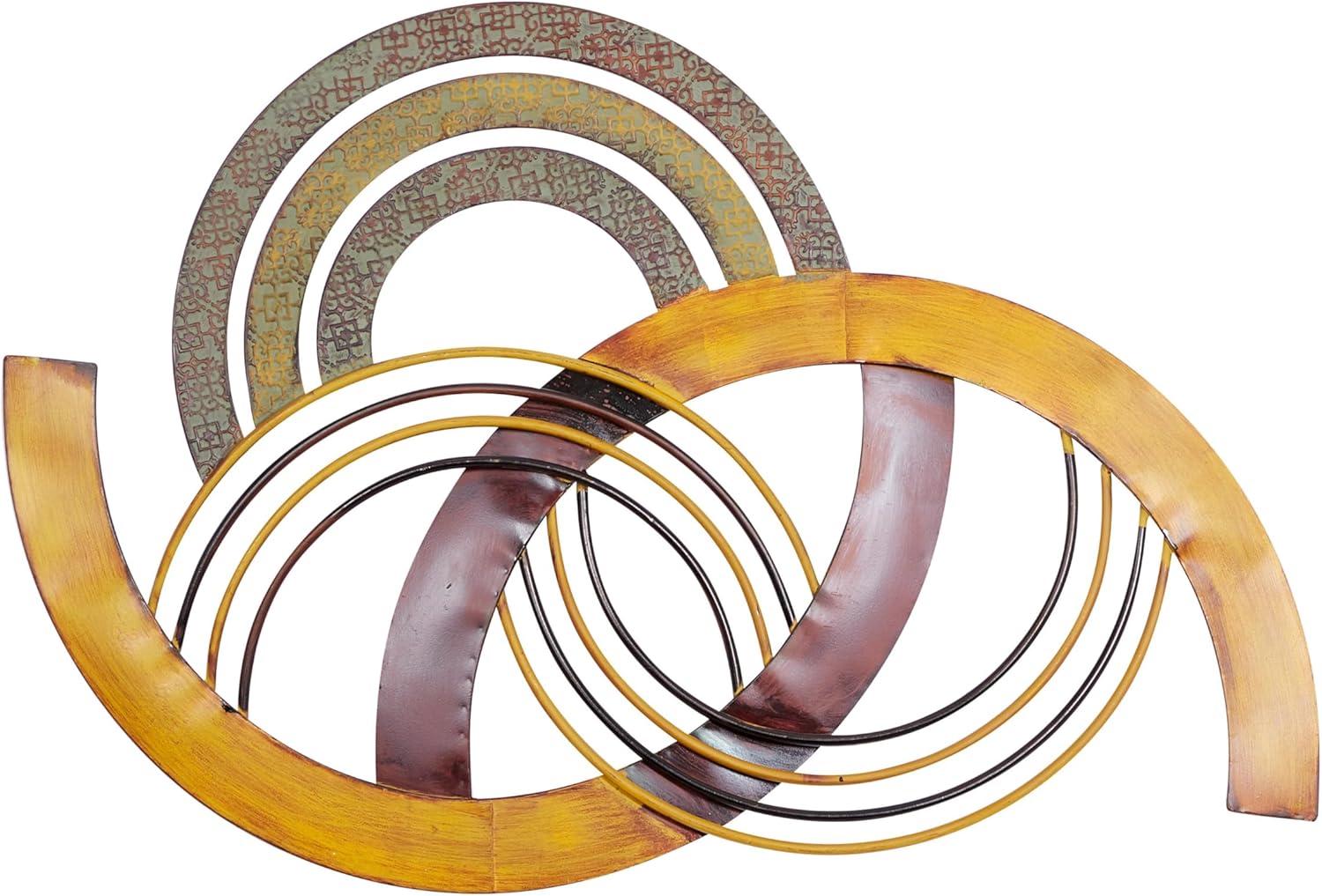 DecMode Modern Metal Overlapping Semi Circle Design Abstract Wall Décor with Fire Orange, Dark Brown and Patterned Yellow Finish, 38"W x 25"H