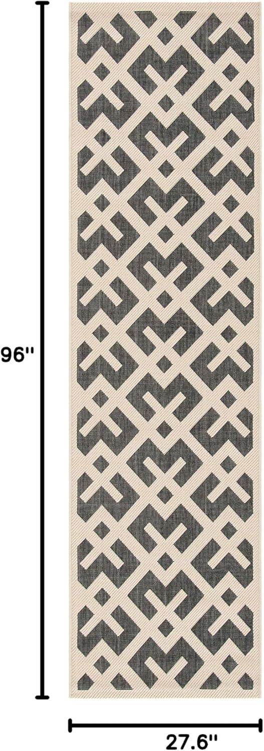 SAFAVIEH Courtyard Alvin Geometric Indoor/Outdoor Runner Rug, 2'3" x 8', Black/Beige