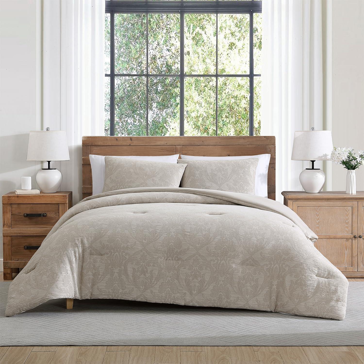 Full/Queen Taupe Cotton Jacquard Damask Comforter Set