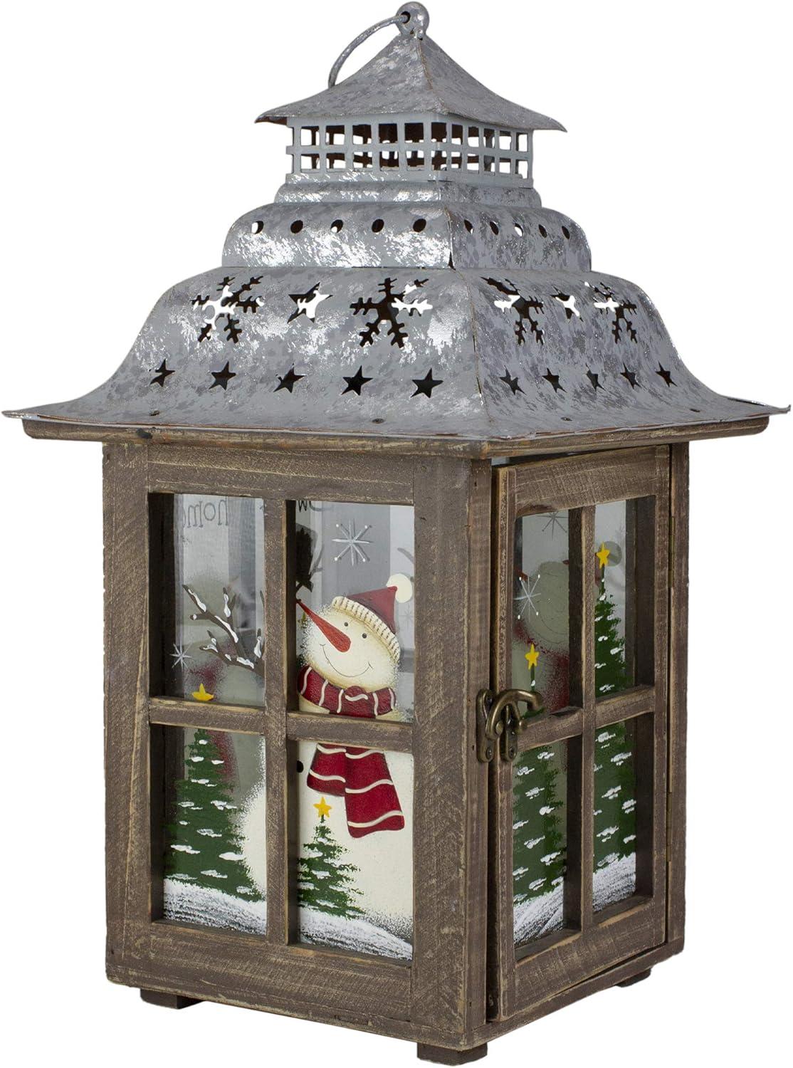 16.5" Rustic Wooden Snowman Holiday Scene Christmas Pillar Candle Lantern