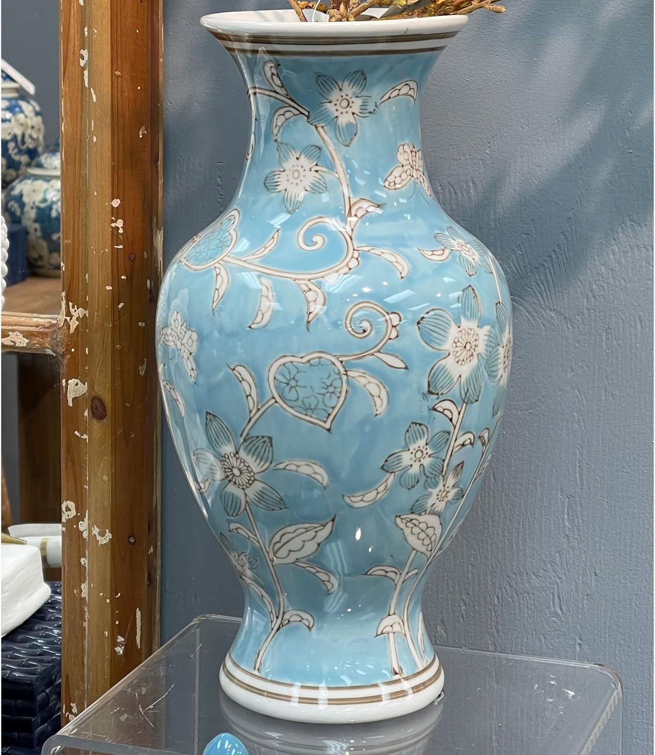 Light Blue and White Floral Chinoiserie Ceramic Vase 14"