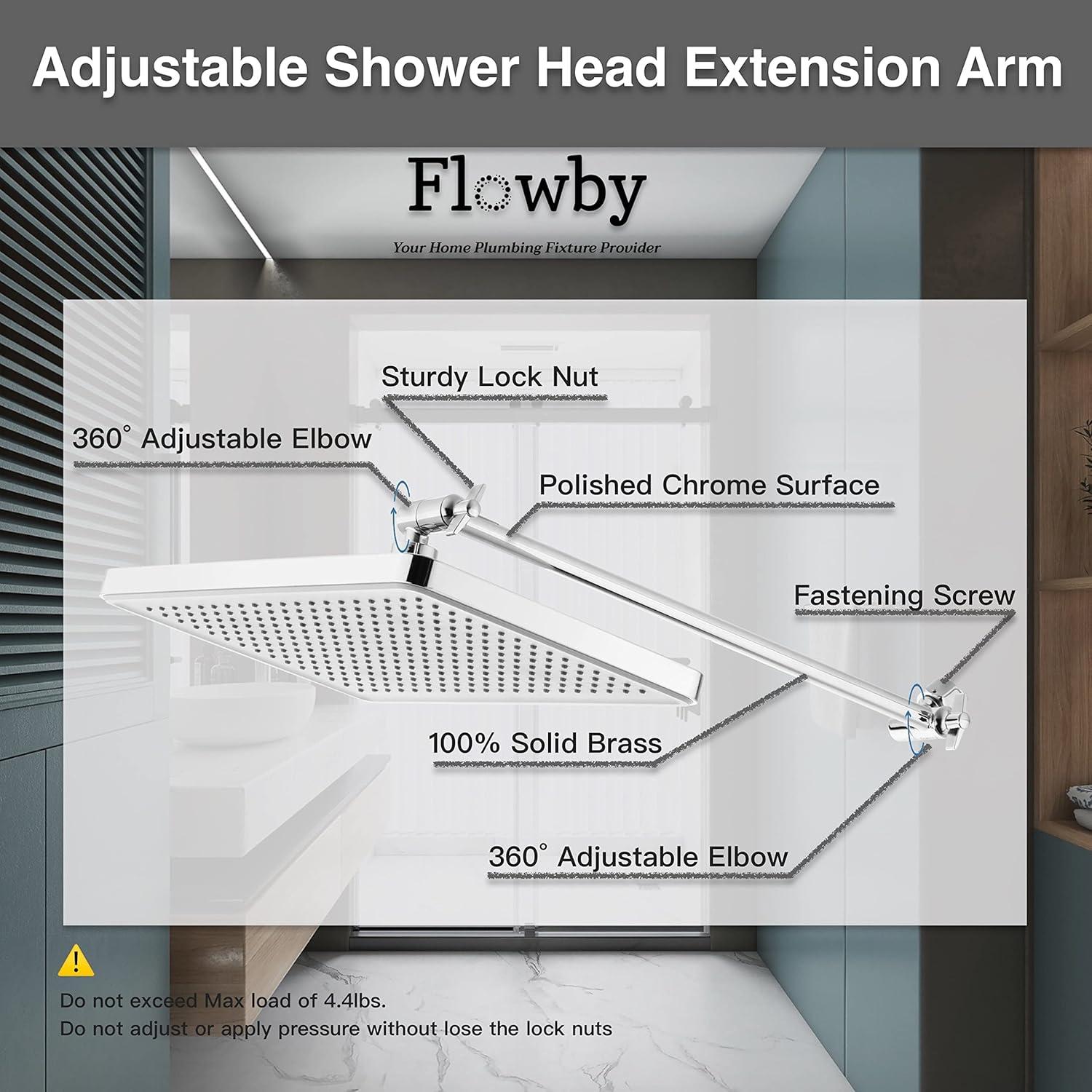 Flowby 𝟭6'' 𝗘𝘅𝘁𝗿𝗮 𝗟𝗼𝗻𝗴 Adjustable Solid Brass Chromed Shower Head Extension Arm, With Setting Screw and Locking Nuts, Extra Load of Weight, Height and Range Adjustable, Easy Installation