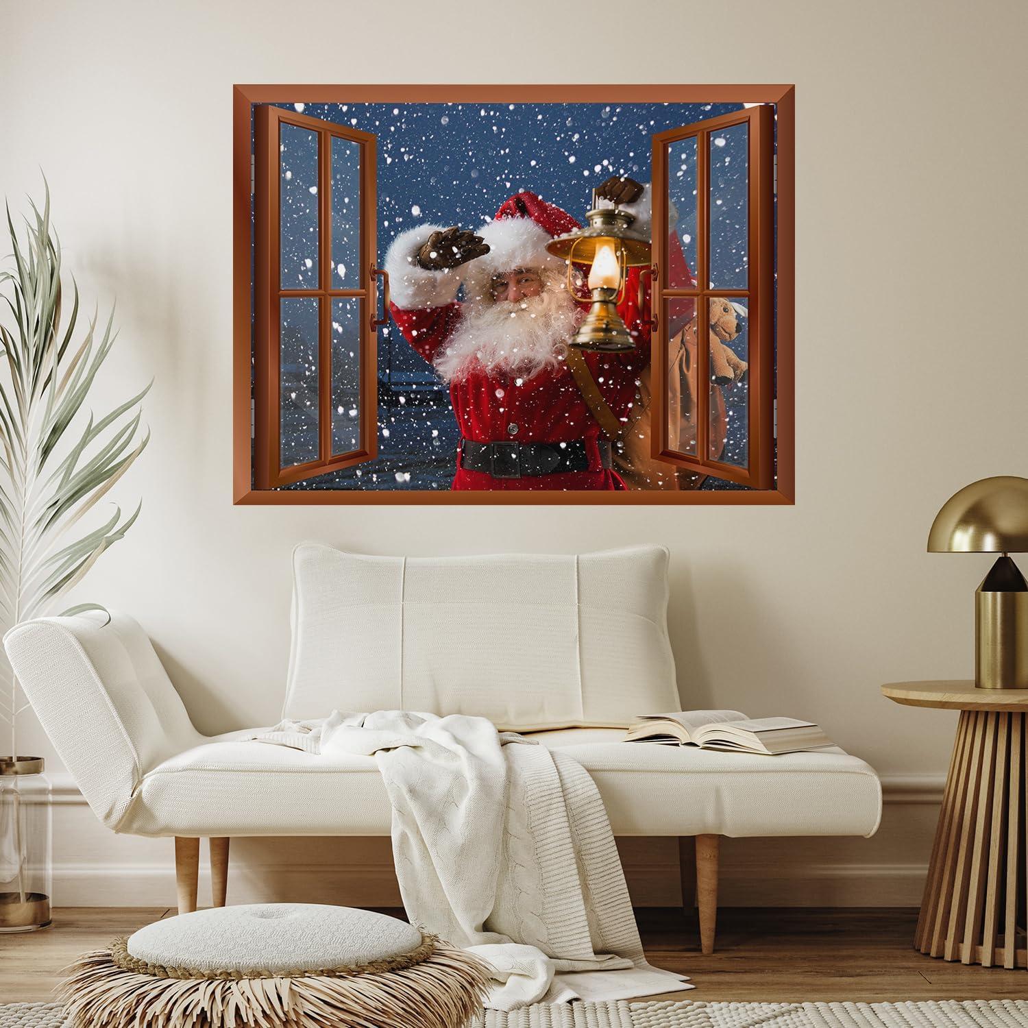 wall26 Removable Wall Sticker/Wall Mural - Santa Claus Carrying Gifts Outside of Window on Christmas Eve - Creative Window View Home Decor/Wall Decor - 24"x32"