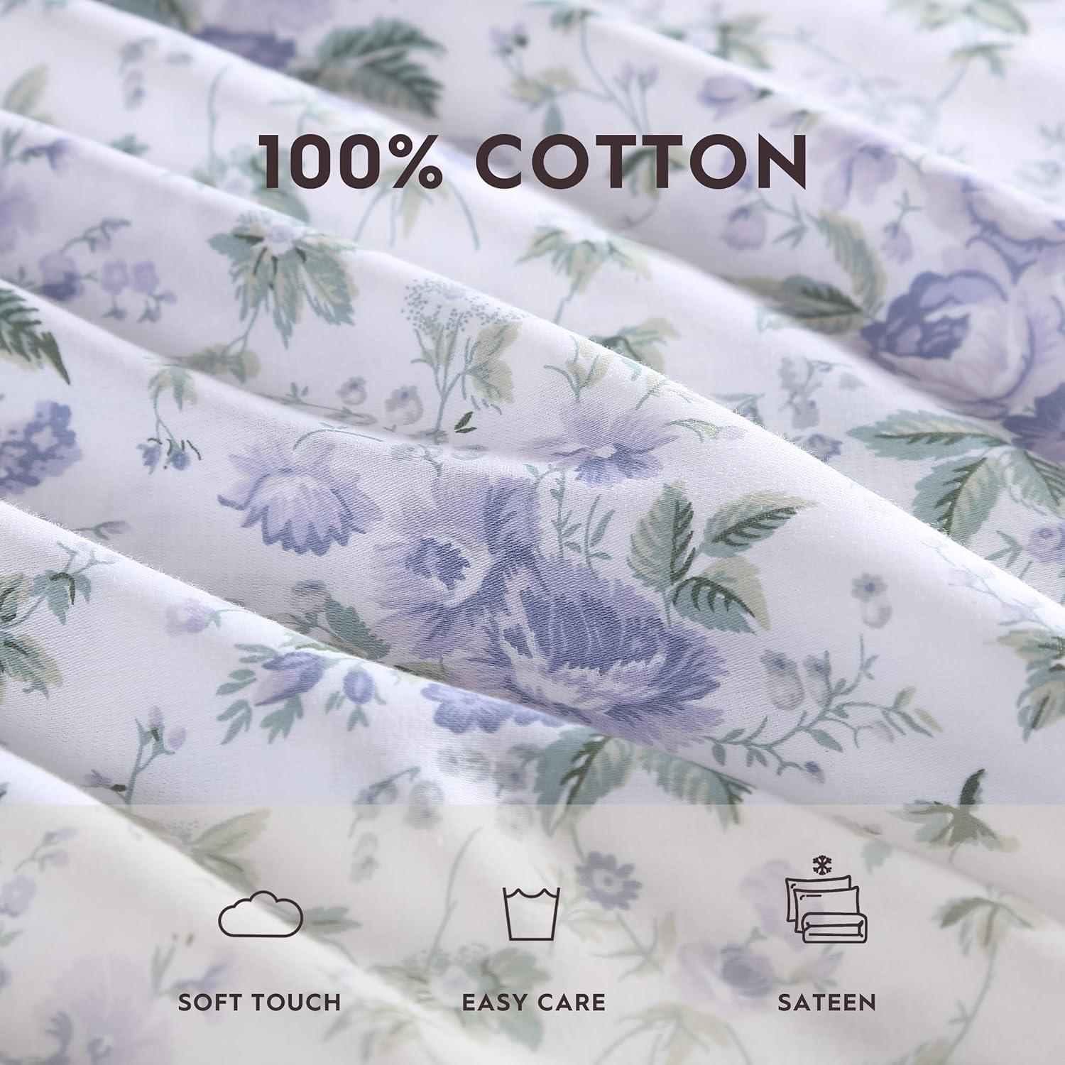 Queen Blue Floral Cotton Sateen Sheet Set