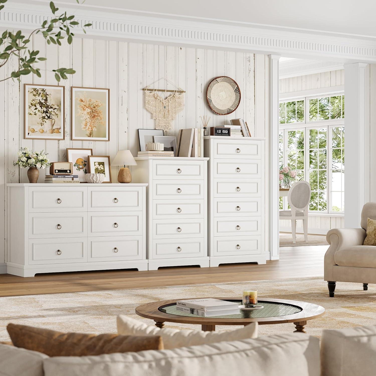6 Drawer Dresser, 52" Tall Chest of Drawers, Modern Farmhouse Storage Dressers Organizer for Living Room, Hallway, Entryway, Home Office, White