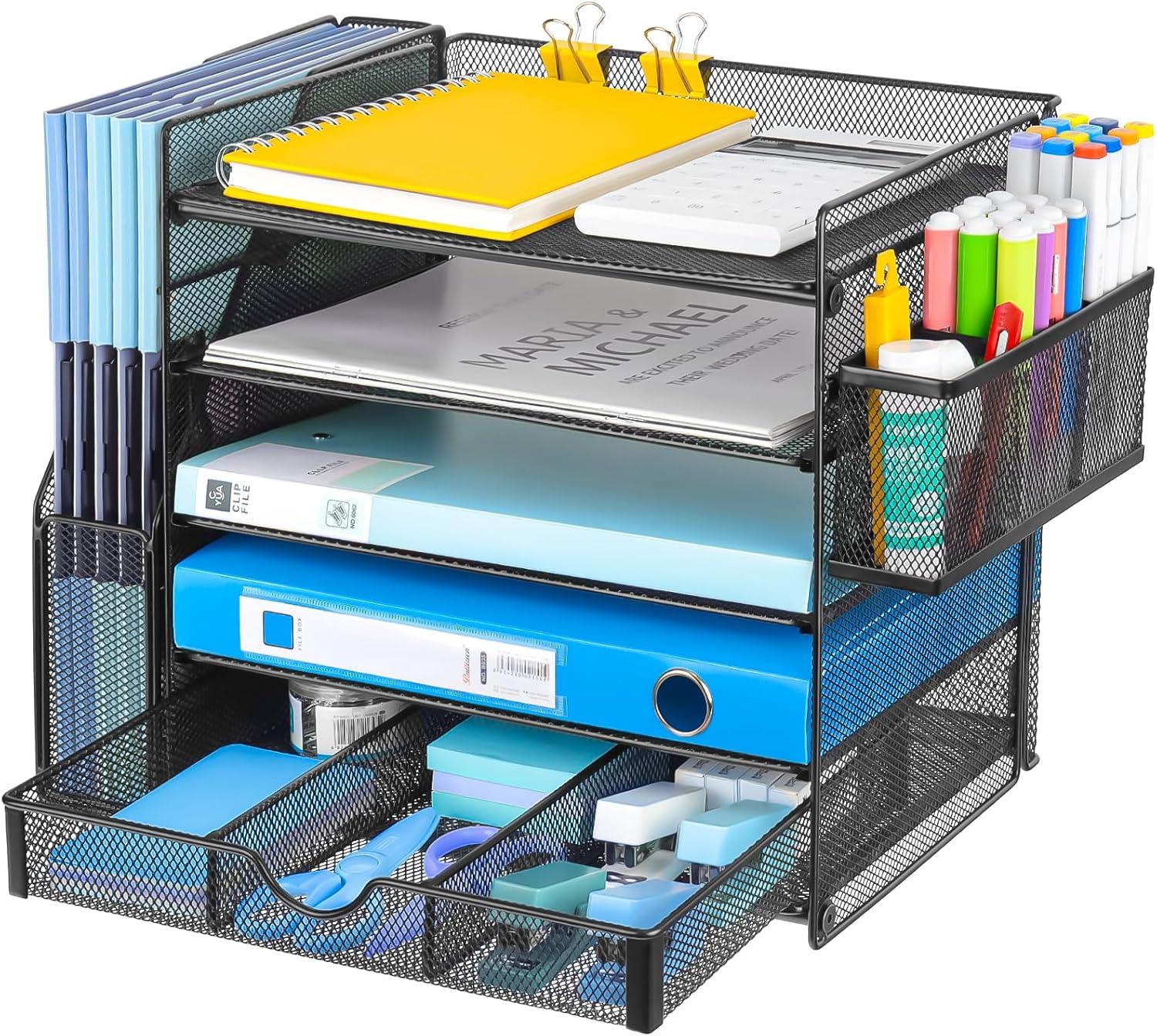 Desk Organizers with File Holder, 5-Tier Paper Organizer Letter Tray with Sliding Drawers and Extra Pen Holder, Mesh Desktop File Organizer for School Office Supplies, Black.