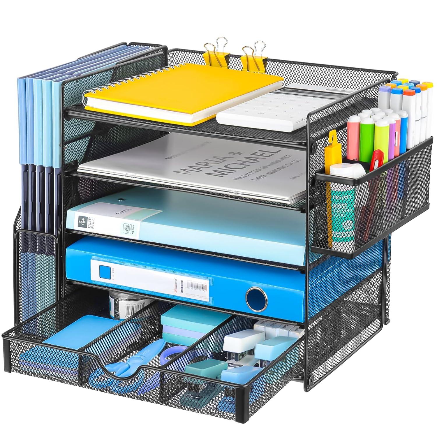 Desk Organizers with File Holder, 5-Tier Paper Organizer Letter Tray with Sliding Drawers and Extra Pen Holder, Mesh Desktop File Organizer for School Office Supplies, Black.