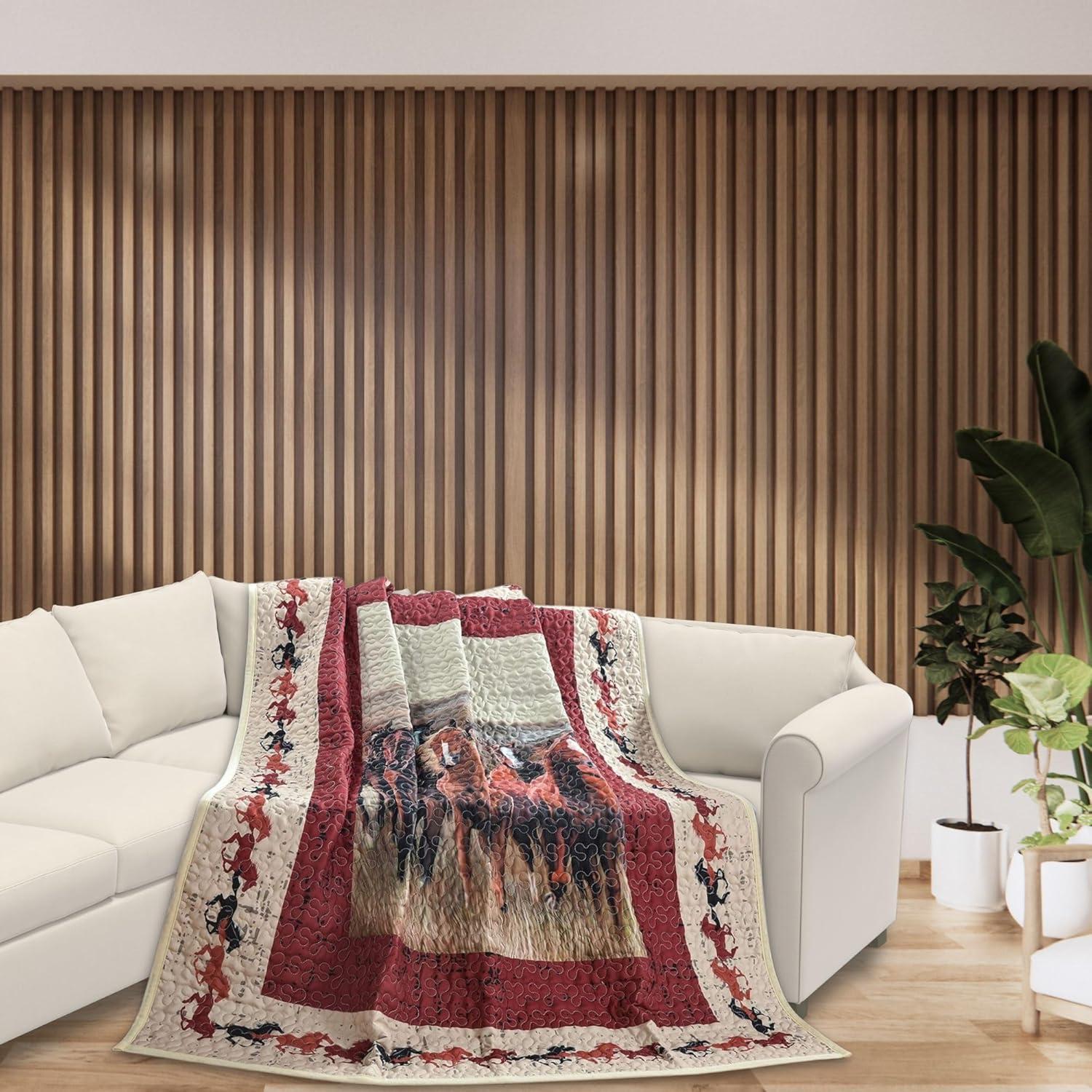 BestGiftEver Quilt Throw Blanket with Unique Running Wild Horses Print Design - Rustic Lodge Ranch Cabin Forest Hunting Bedding 50" x 60" - Western Style Lightweight CoverCouch Accent