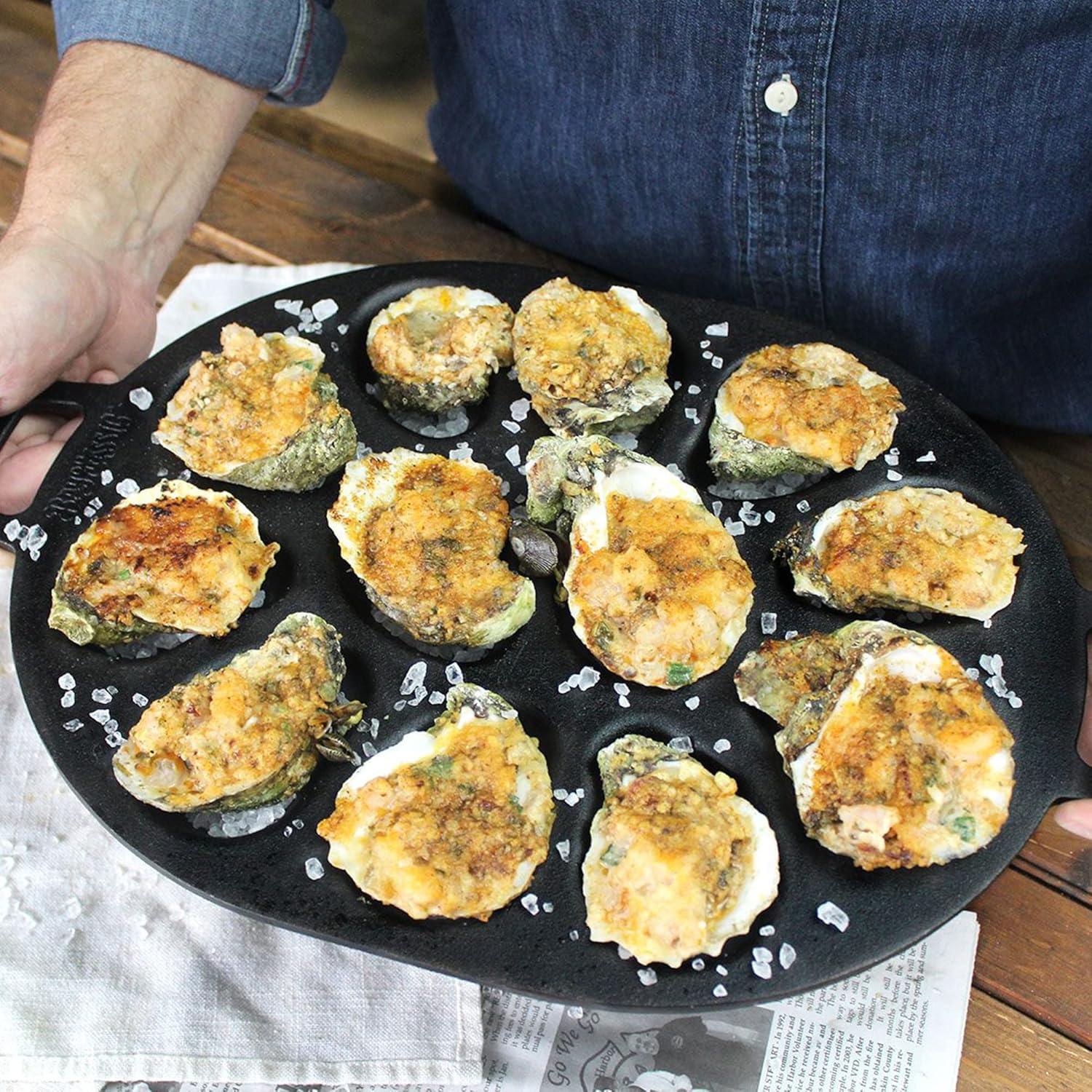 Bayou Classic 7413 Cast Iron 12 Shellfish Shaped Oyster Grill and Serve Kitchen Cooking Pan for Shucked or Half-Shell Seafood, Black