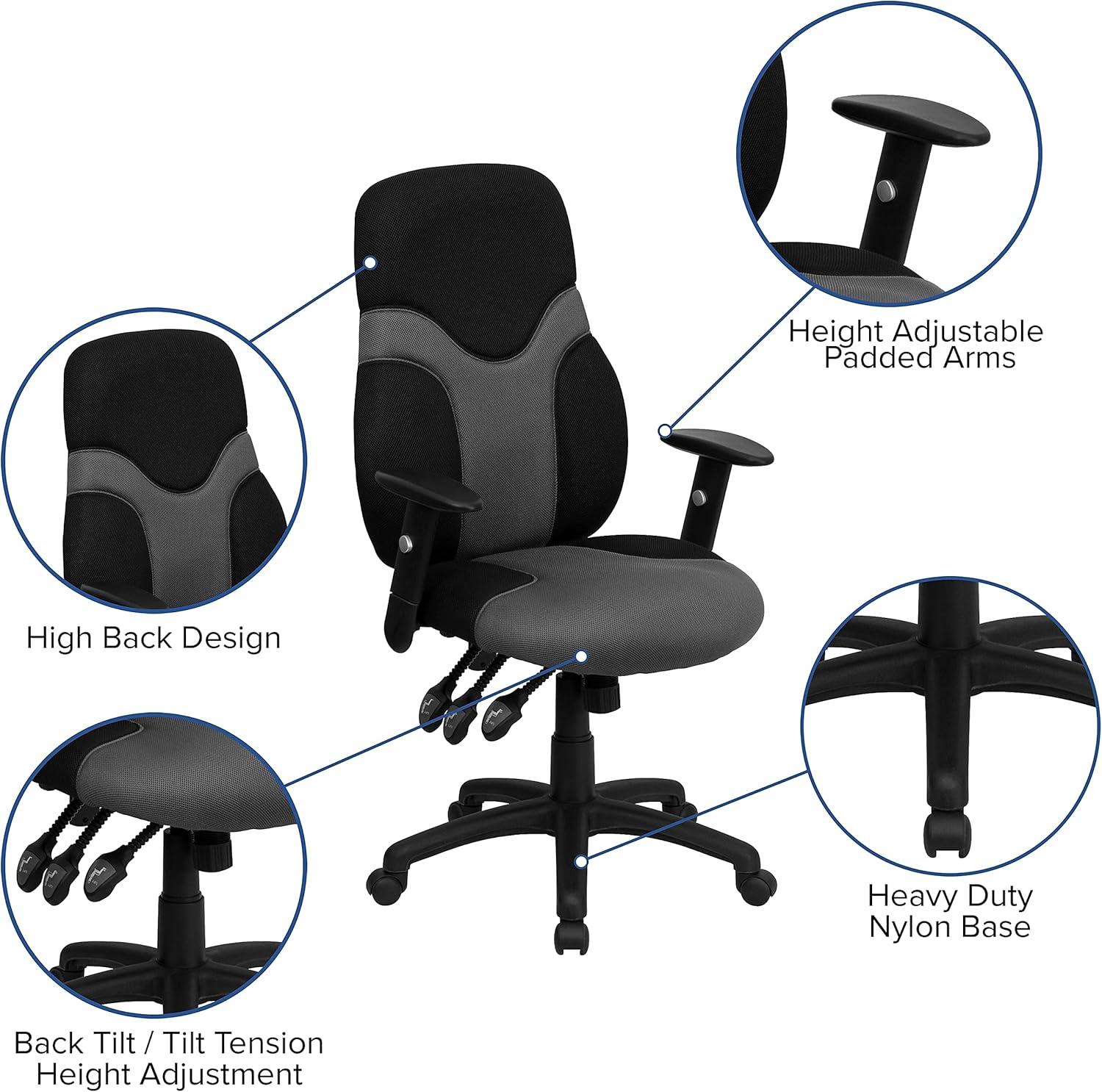 High-Back Ergonomic Black and Gray Mesh Swivel Task Chair with Adjustable Arms